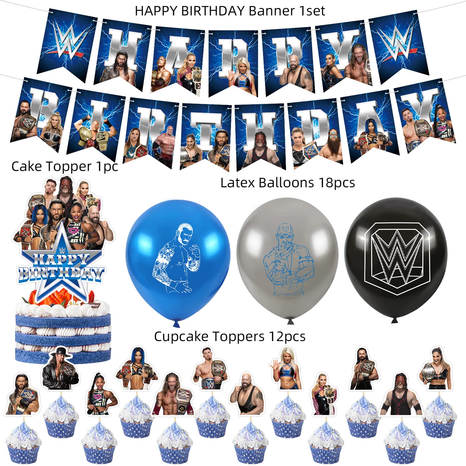Wrestling Birthday Party Decorations Supply Set for Kids with Happy Birthday Banner, Cake Topper, Cupcake Toppers, Balloons for Party Decorations