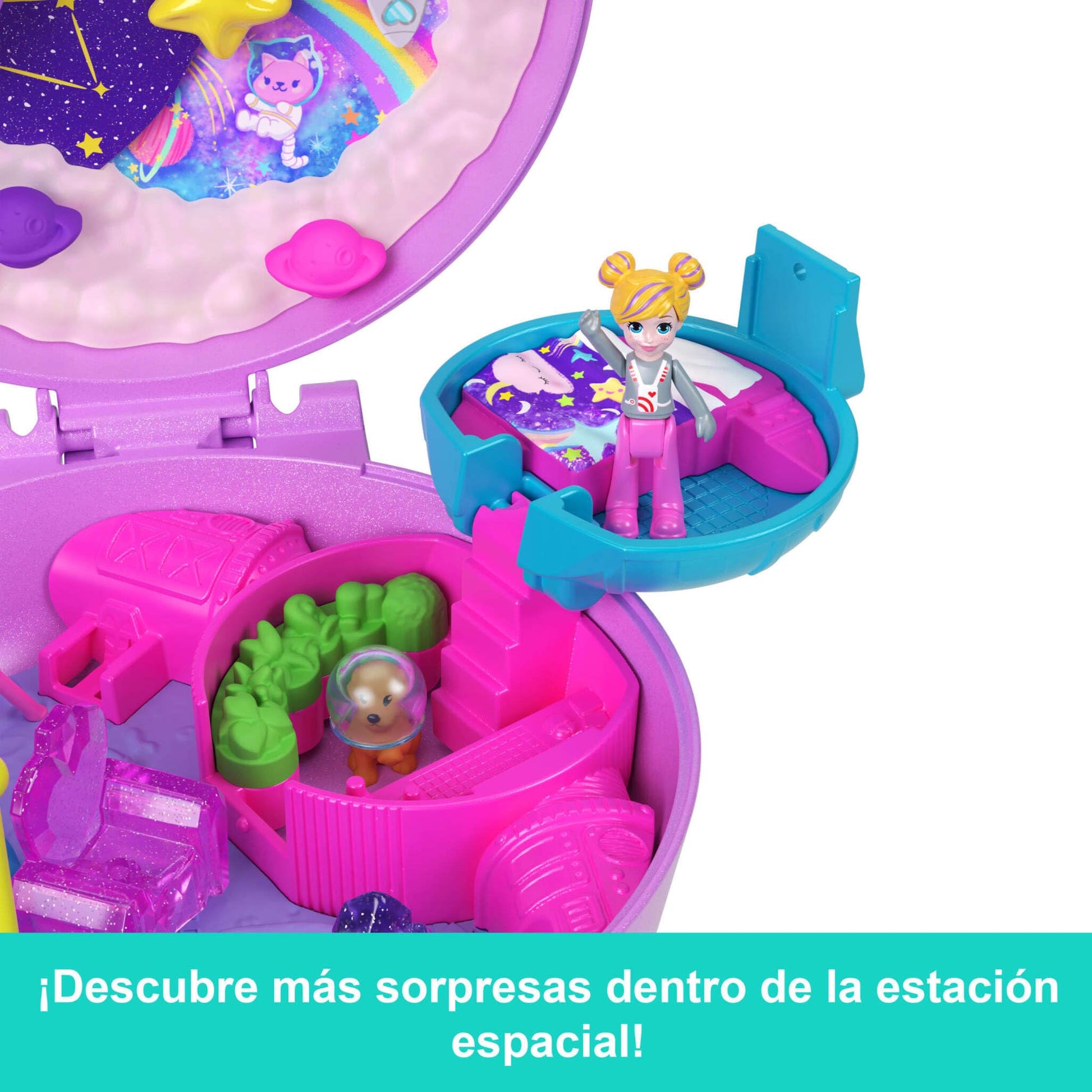 Polly Pocket Dolls and Playset, Planet Polly Outer Space Compact, Travel Toy with 1 Micro Doll, Pet Puppy & Themed Accessories