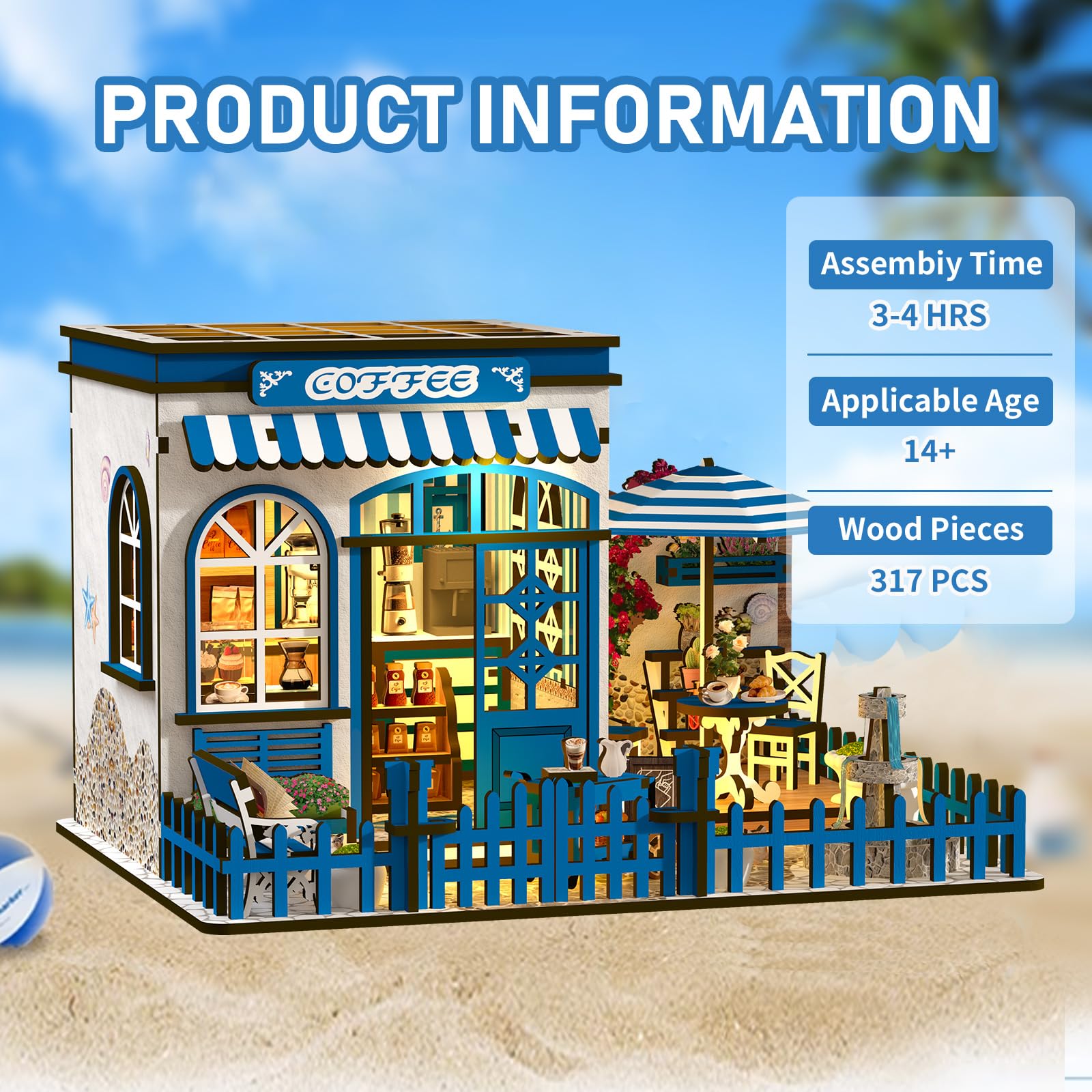 DIY Miniature Dollhouse Kit with Touch LED Light, 3D Wooden Puzzle Santorini Cafe Model, Creative Ocean Style Building Set, Arts and Crafts Gift