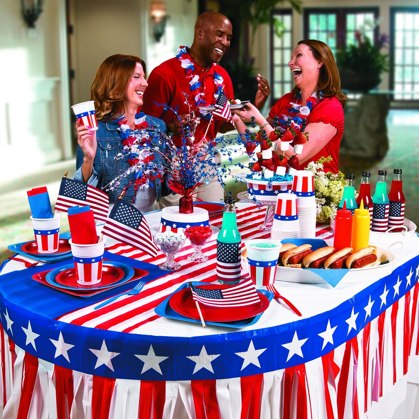 Fun Express American Flag Fringe Backdrop for 4th of July Decorations - 100ft Red White and Blue Streamers Party Decorations | Patriotic Decor