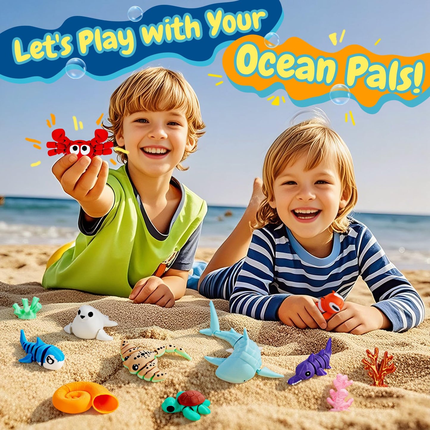 Eisfiel 24Pcs 3D Printed Sea Animal Toys, 3D Printed Ocean Animals Figurines Toys for Kids, Flexible Articulated Fidget Toys for Birthday Party Favors
