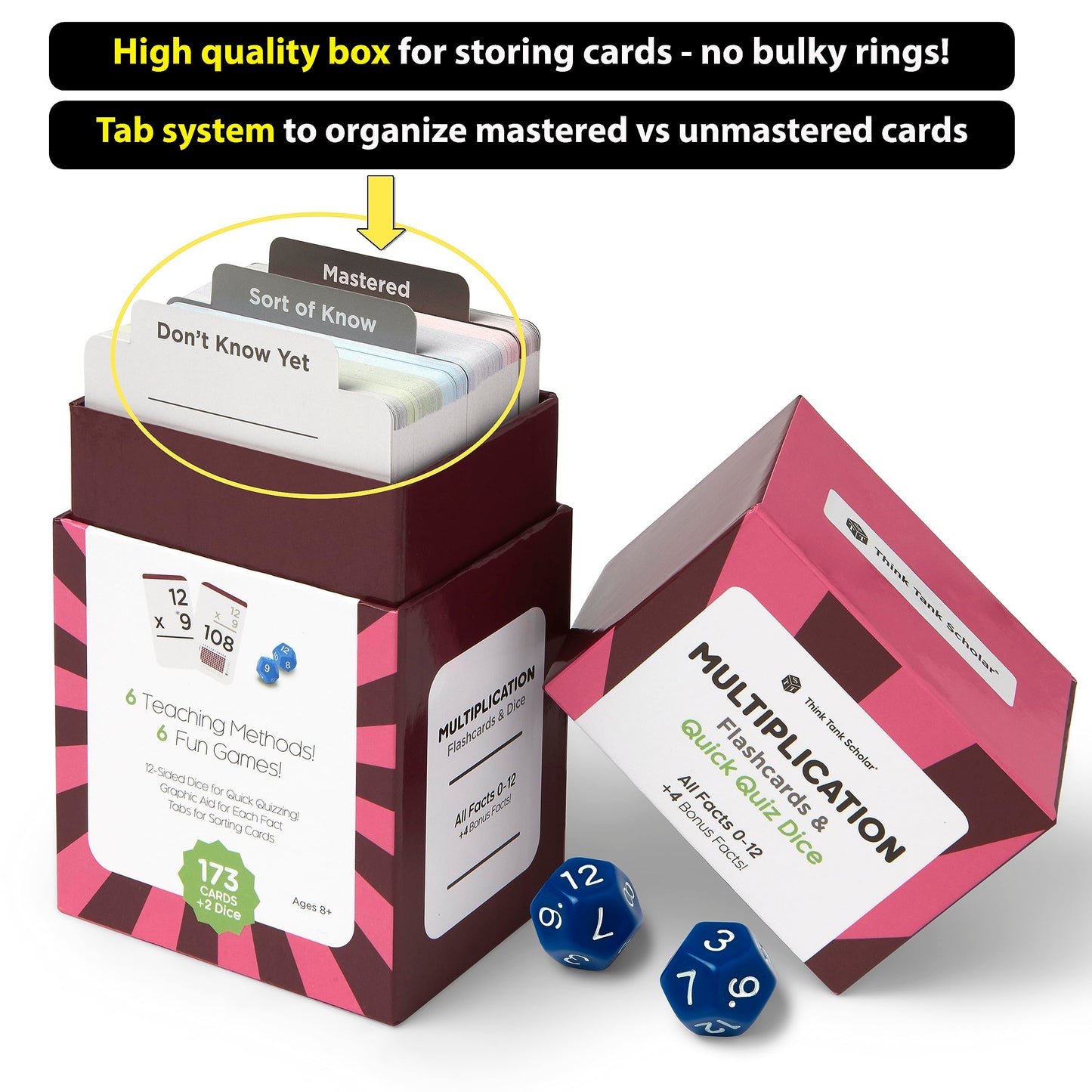 Think Tank Scholar 335 Multiplication & Division Flash Cards (Award Winning) 1 Fact Per Card with Visual Aids - All Facts 0-12 + Dice, Games & Charts