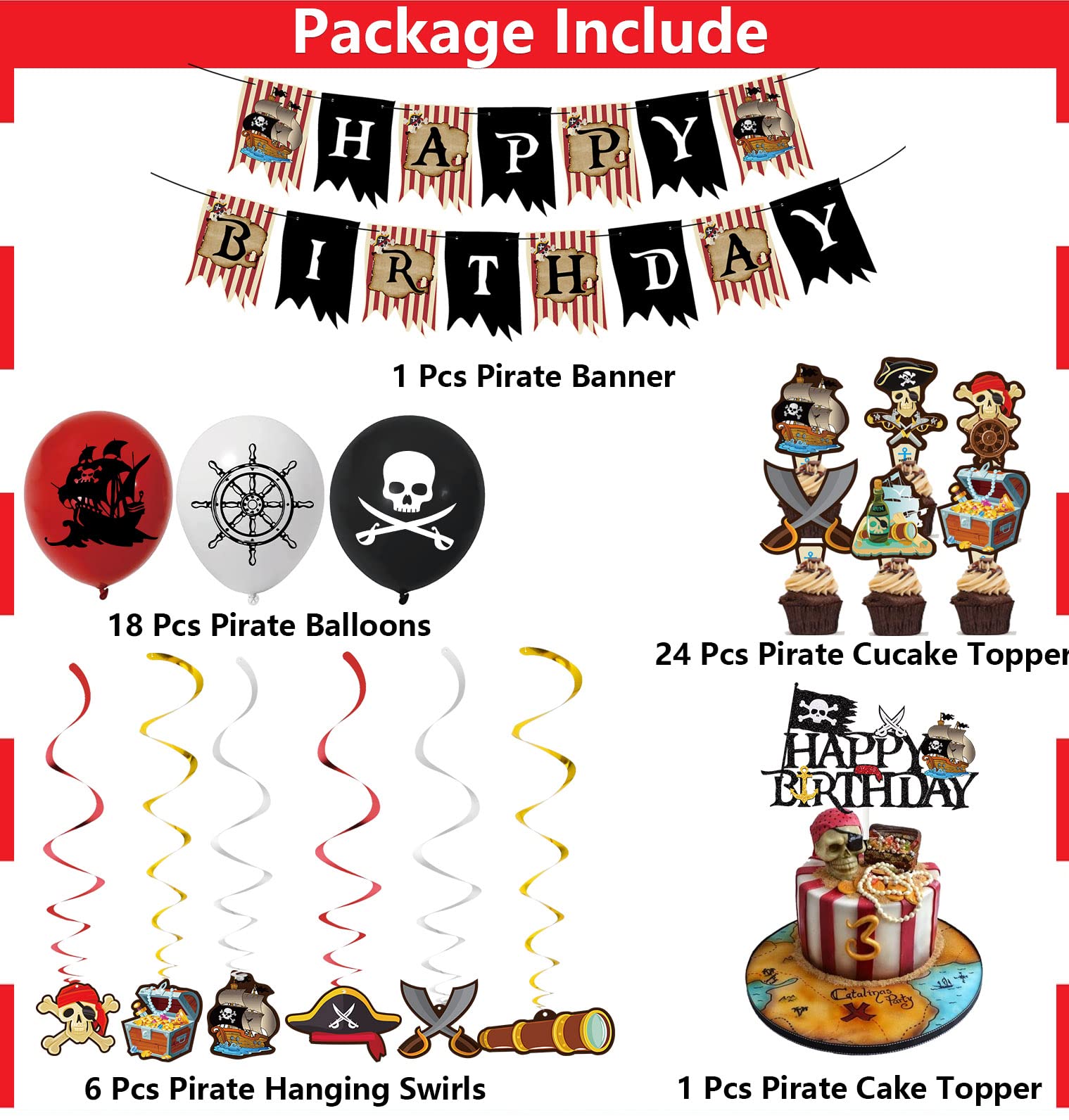 Pirate Party Decorations - Pirate Birthday Banner, Balloons, Cake Toppers & Hanging Swirls for Men, Boys & Kids