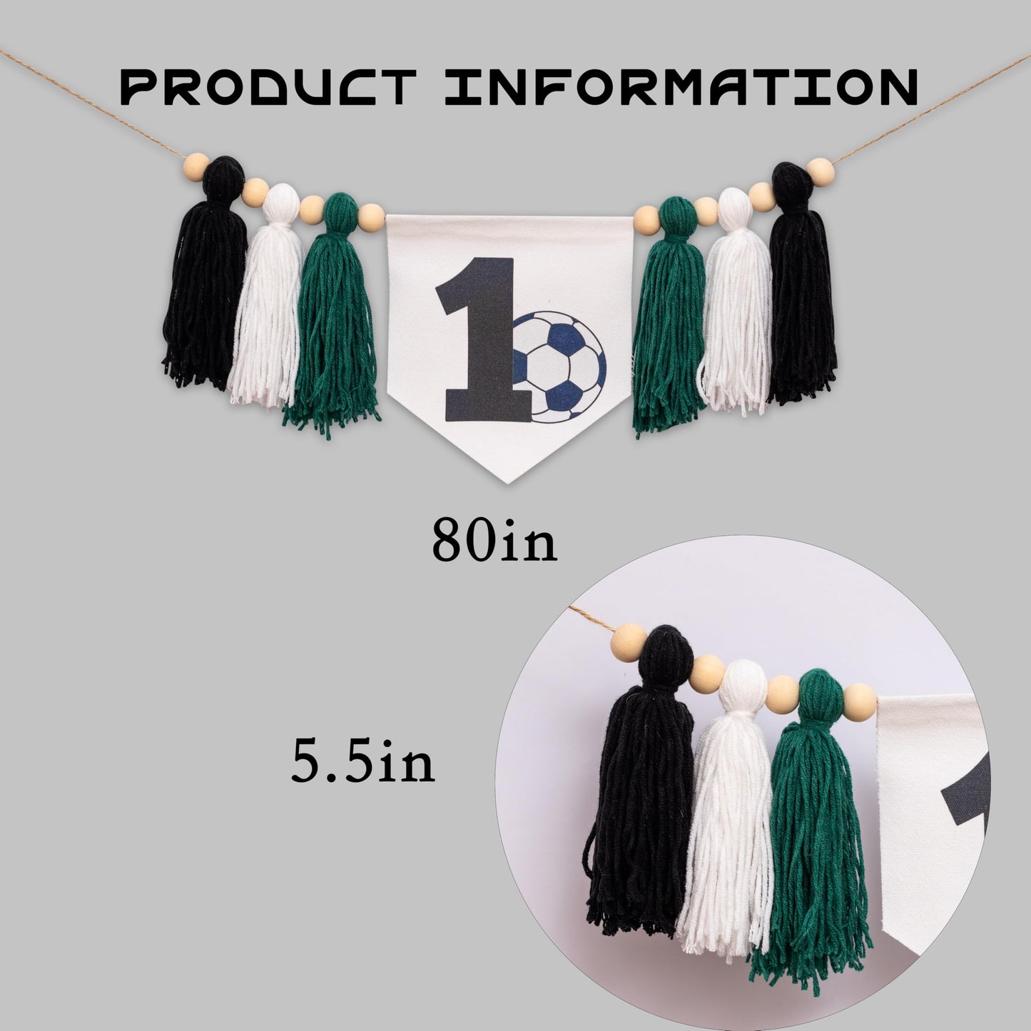 SOLUXIKA Soccer 1st Birthday Banner - First Year Down High Chair Banner with Green Black White Tassels, Sports Soccer Theme First Birthday Decorations
