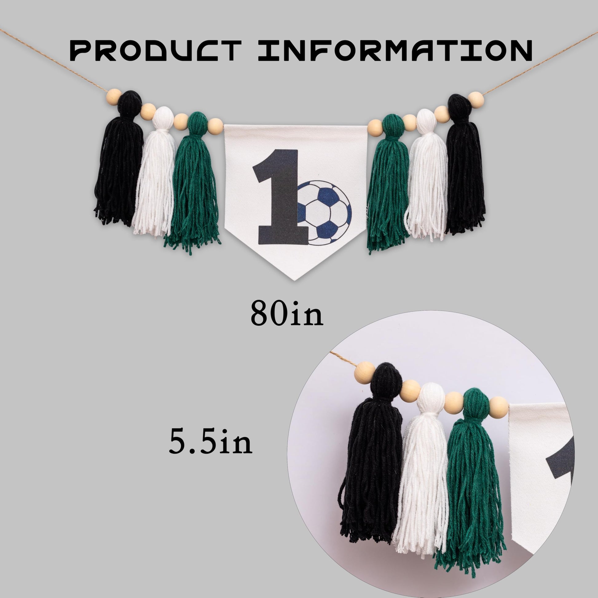 SOLUXIKA Soccer 1st Birthday Banner - First Year Down High Chair Banner with Green Black White Tassels, Sports Soccer Theme First Birthday Decorations
