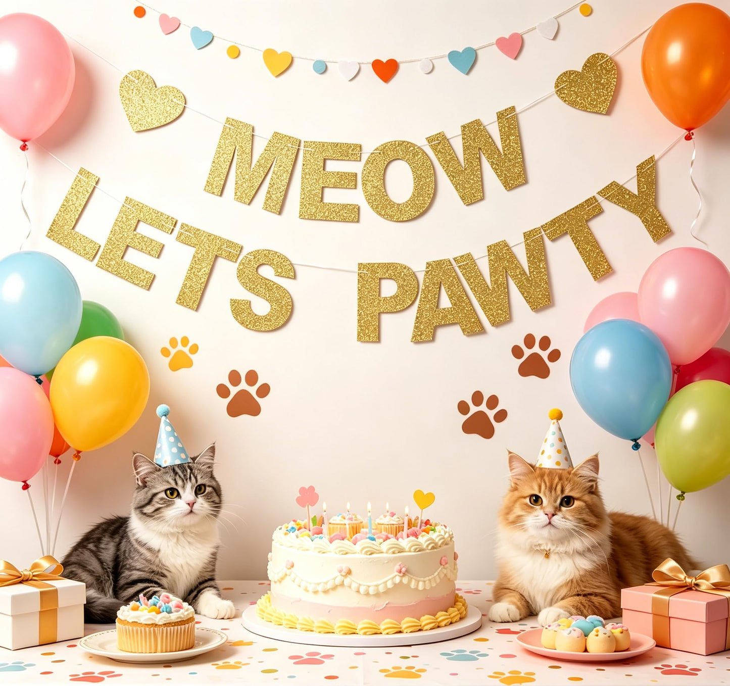 Meow Let's Pawty Banner - Pet Kitten's Birthday Party Backdrops - Pet Cats Party Gold Glitter Paper Photoprops