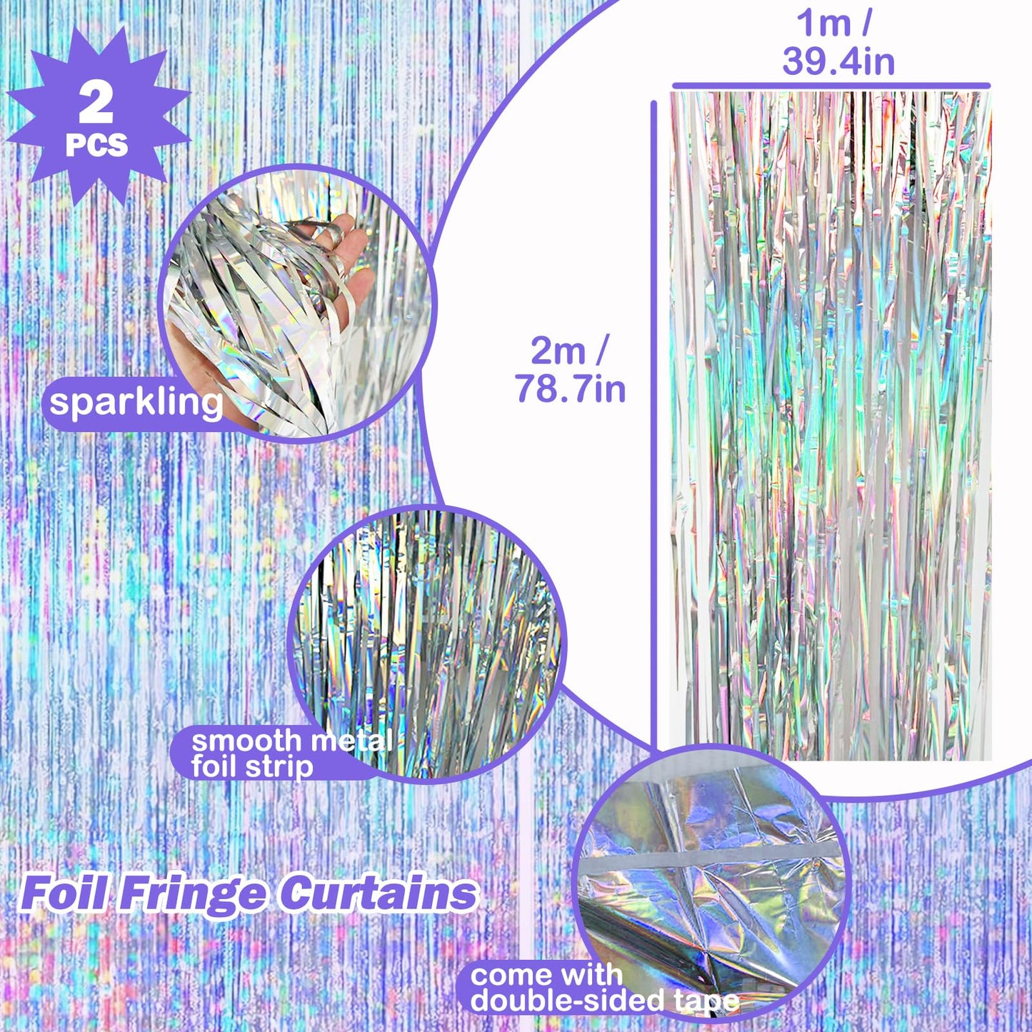 8 PCS Iridescent Disco-Holographic Party Decorations - Love-Heart Garland Streamers Banner, Disposable Laser Tablecloth, Tinsel Foil Fringe Curtains |