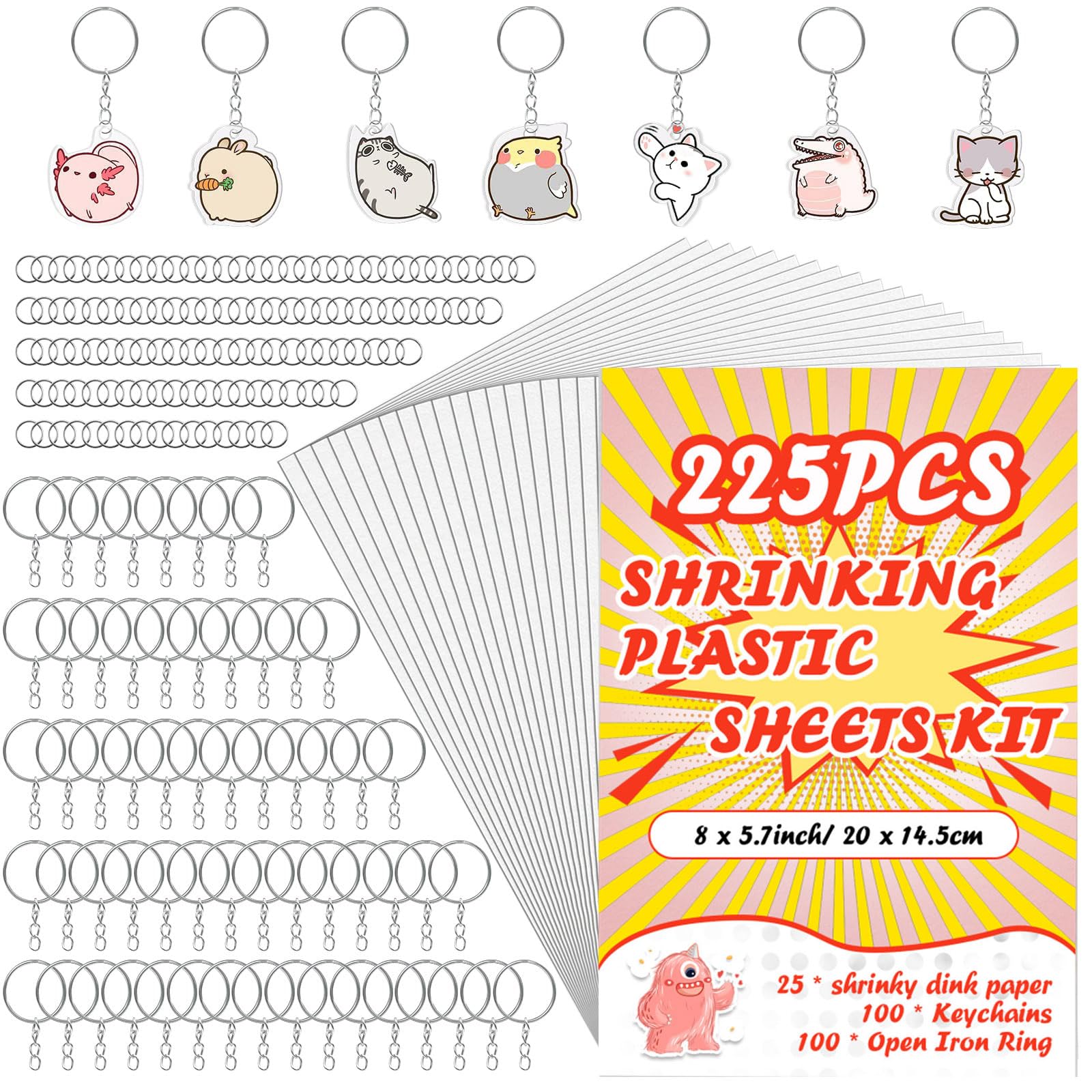 225PCS Shrinky Dink Sheets Keychains Kit,Shrink Plastic Sheets Kit with 25PCS Shrinky Dink Paper,100PCS Keychains and Open Iron Ring for Kids Creative
