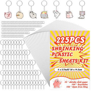 225PCS Shrinky Dink Sheets Keychains Kit,Shrink Plastic Sheets Kit with 25PCS Shrinky Dink Paper,100PCS Keychains and Open Iron Ring for Kids Creative