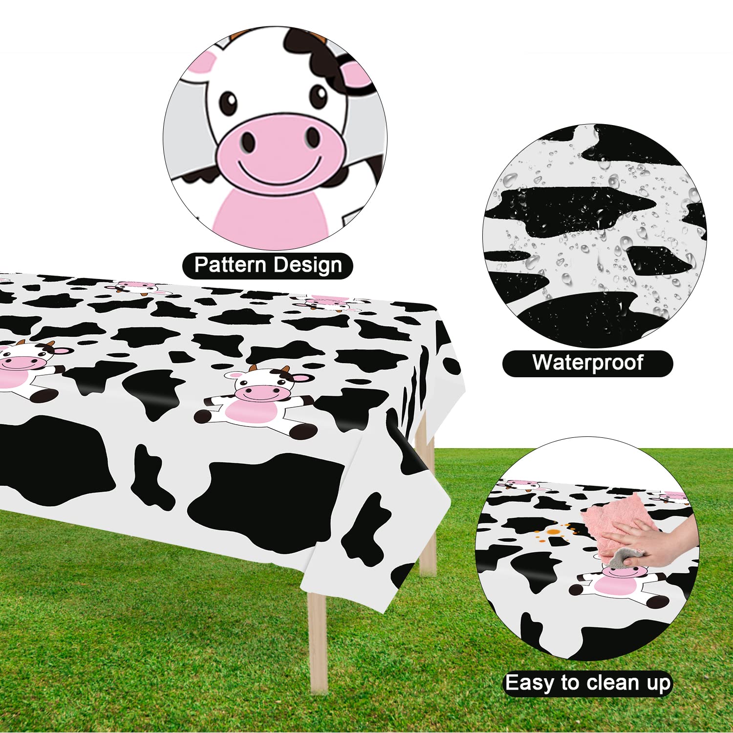 4 Pcs Cow Print Plastic Tablecloth, Farm Animal Themed Parties Tablecovers for Cow Theme Birthday Party Supplies, Black and White