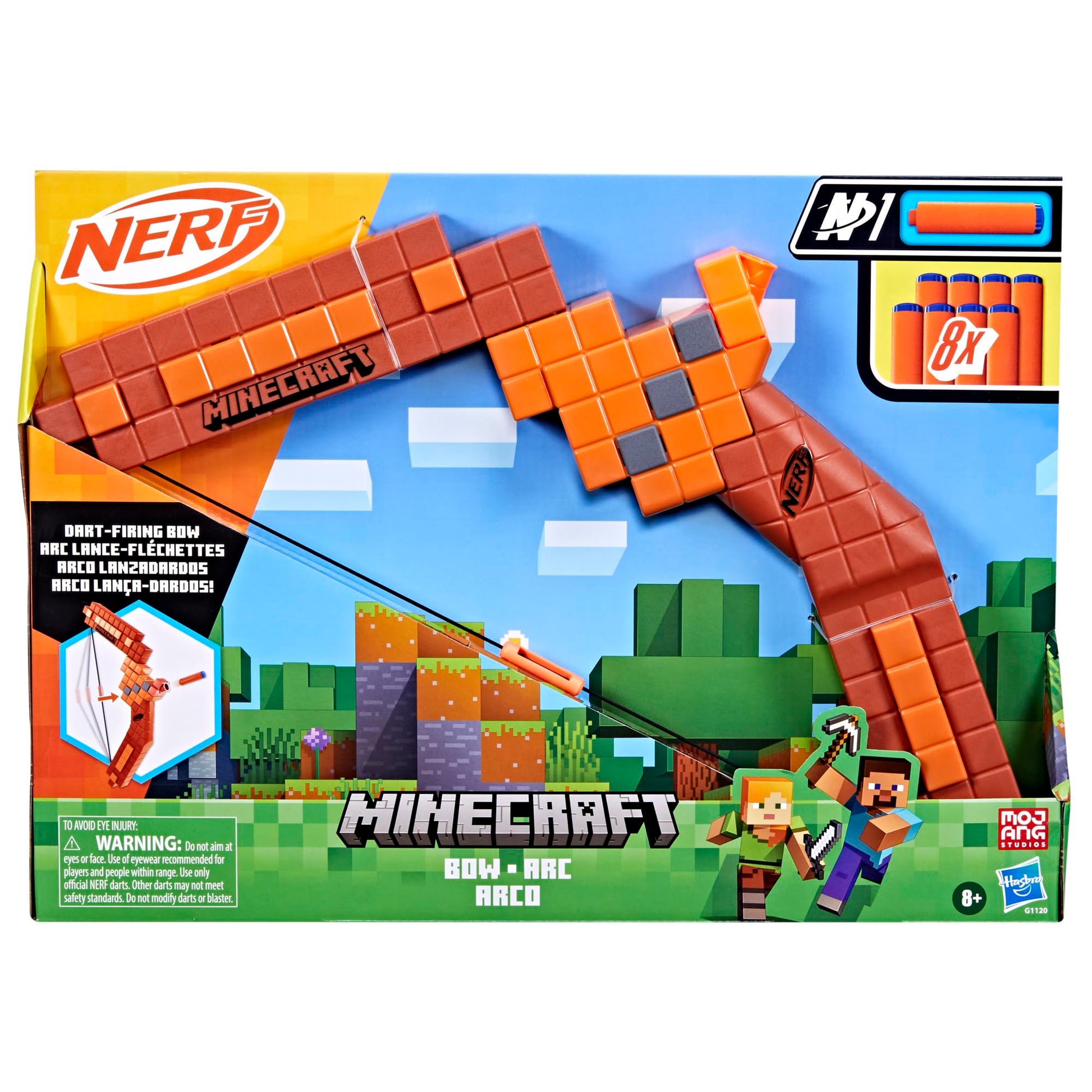 Nerf Minecraft Bow Dart Blaster, Pull-Back String Priming, 8 N1 Darts Compatible Only N1 Dart Blasters, Ages 8+