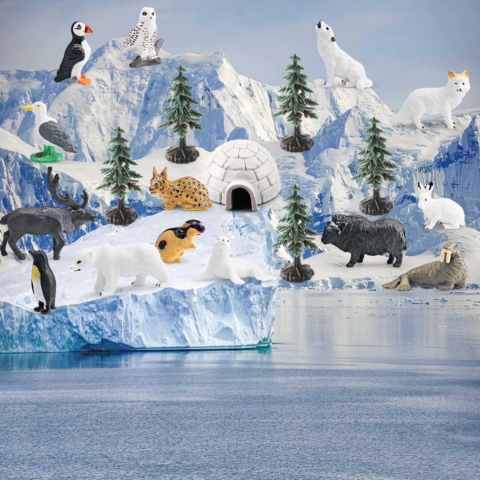 20PCS Arctic Polar Toy Set and Snow Tree Arctic Animals Toys with Igloo,Caribou,Penguin,Walrus Figurines for Cake Toppers Birthday Gifts Preschool