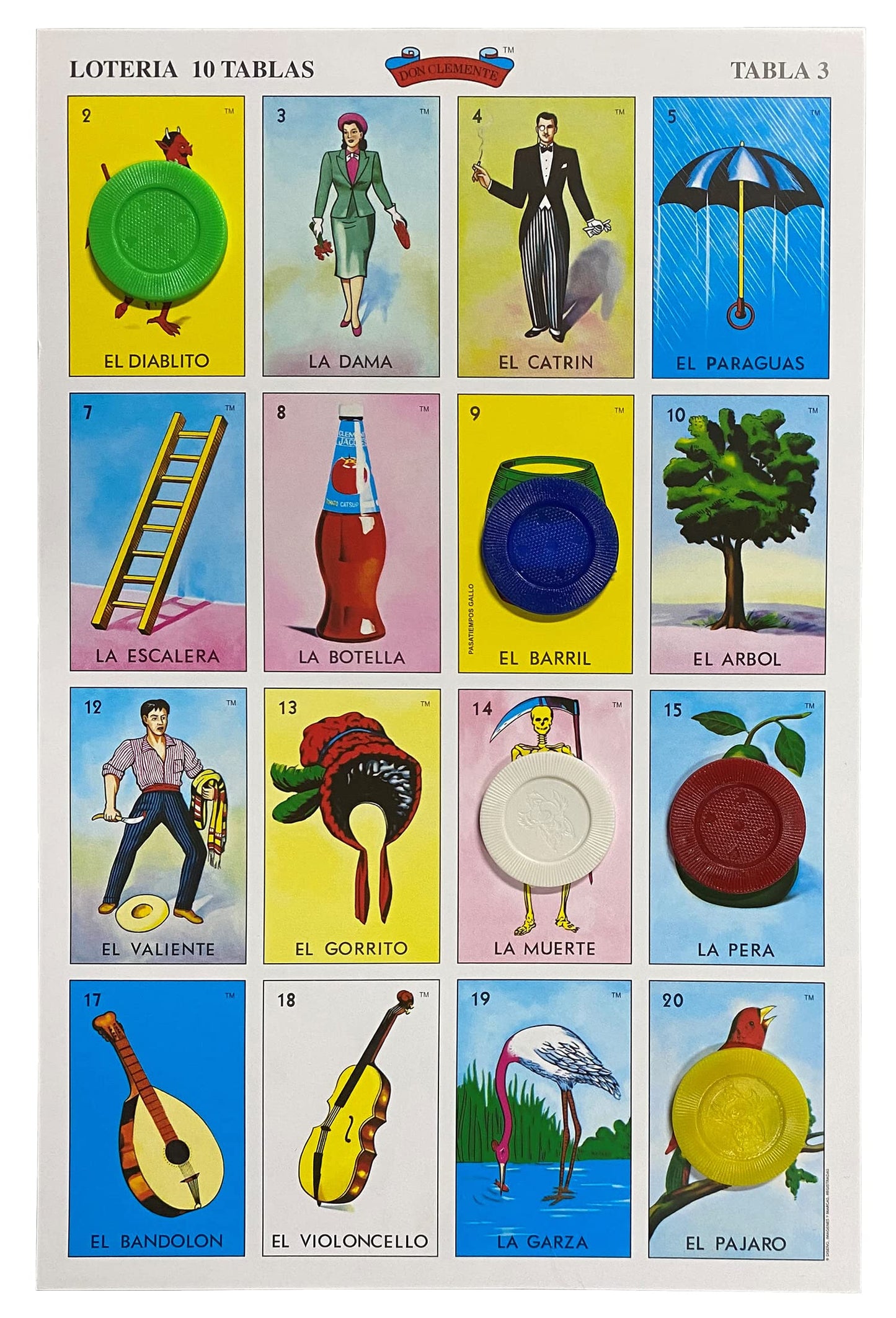 Loteria Mexicana Tradicional Jumbo Don Clemente 10 Jugadores 100 Fichas Poker - Jumbo Size Mexican Bingo Set with 100 Plastic Chips for 10 Players