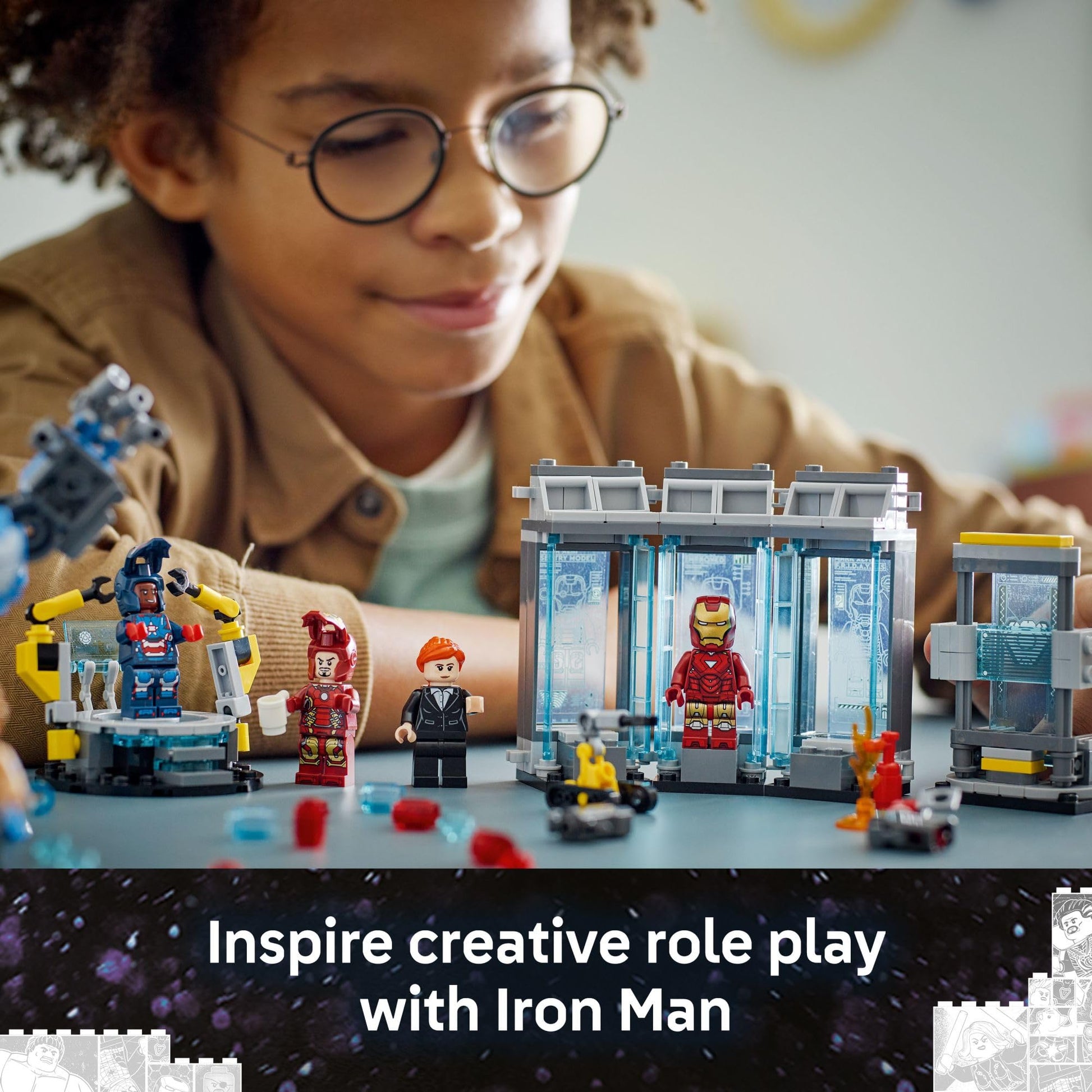 LEGO Marvel Iron Man’s Laboratory: Hall of Armor Building Toy - Marvel Superhero Toy for Kids, Boys and Girls, Ages 8+ - with Minifigures and a Mech