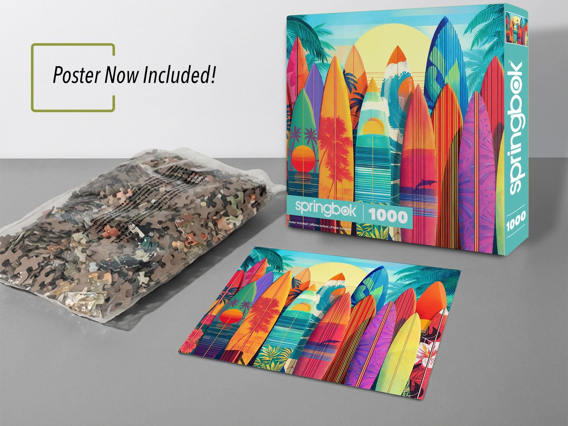 Springbok Sunset Surfboards 1000 Piece Jigsaw Puzzle for Adults - Colorful Tropical Surfboard Scene - Poster Included - Unique Cut Pieces - Made in