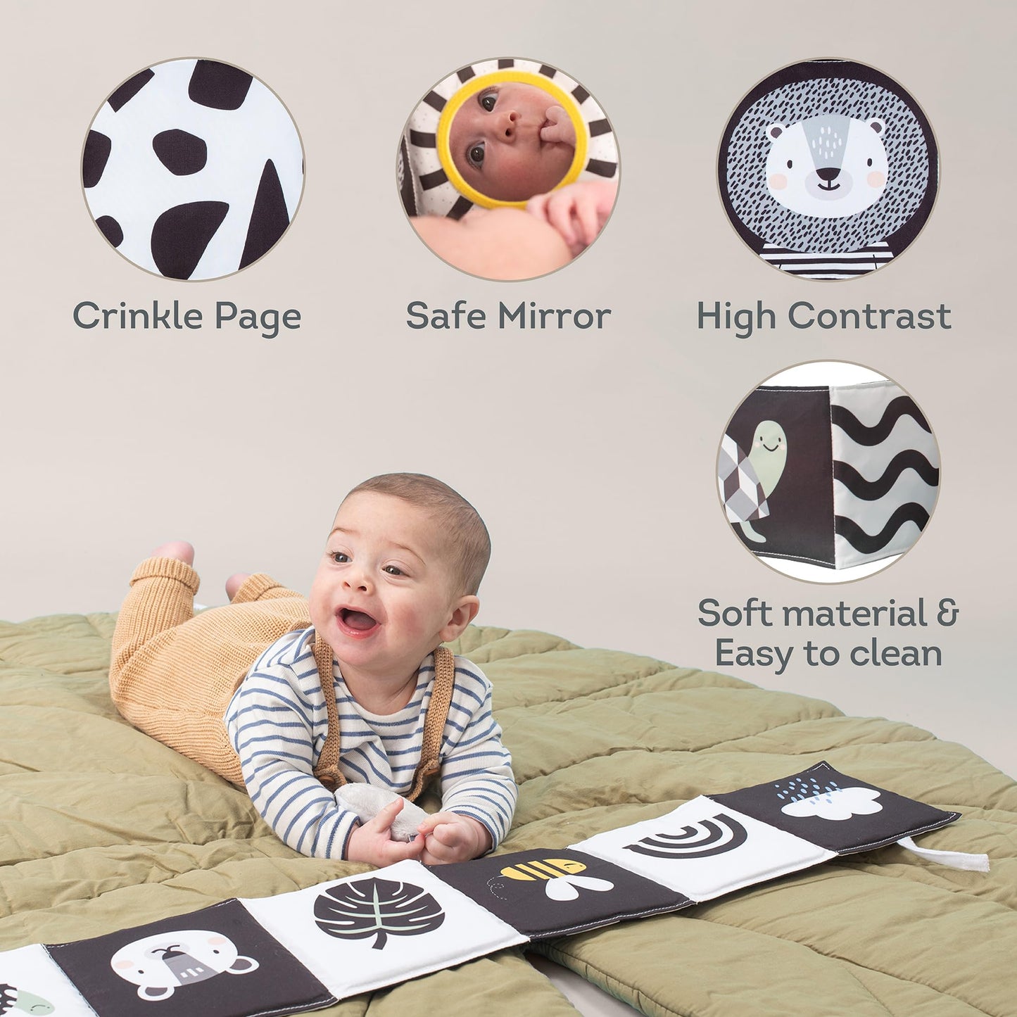 Taf Toys Newborn Soft Activity Book Black & White High Contrast Baby Book Infant Sensory Toys Tummy Time Soft Cloth Books for Babies Textured Fabric