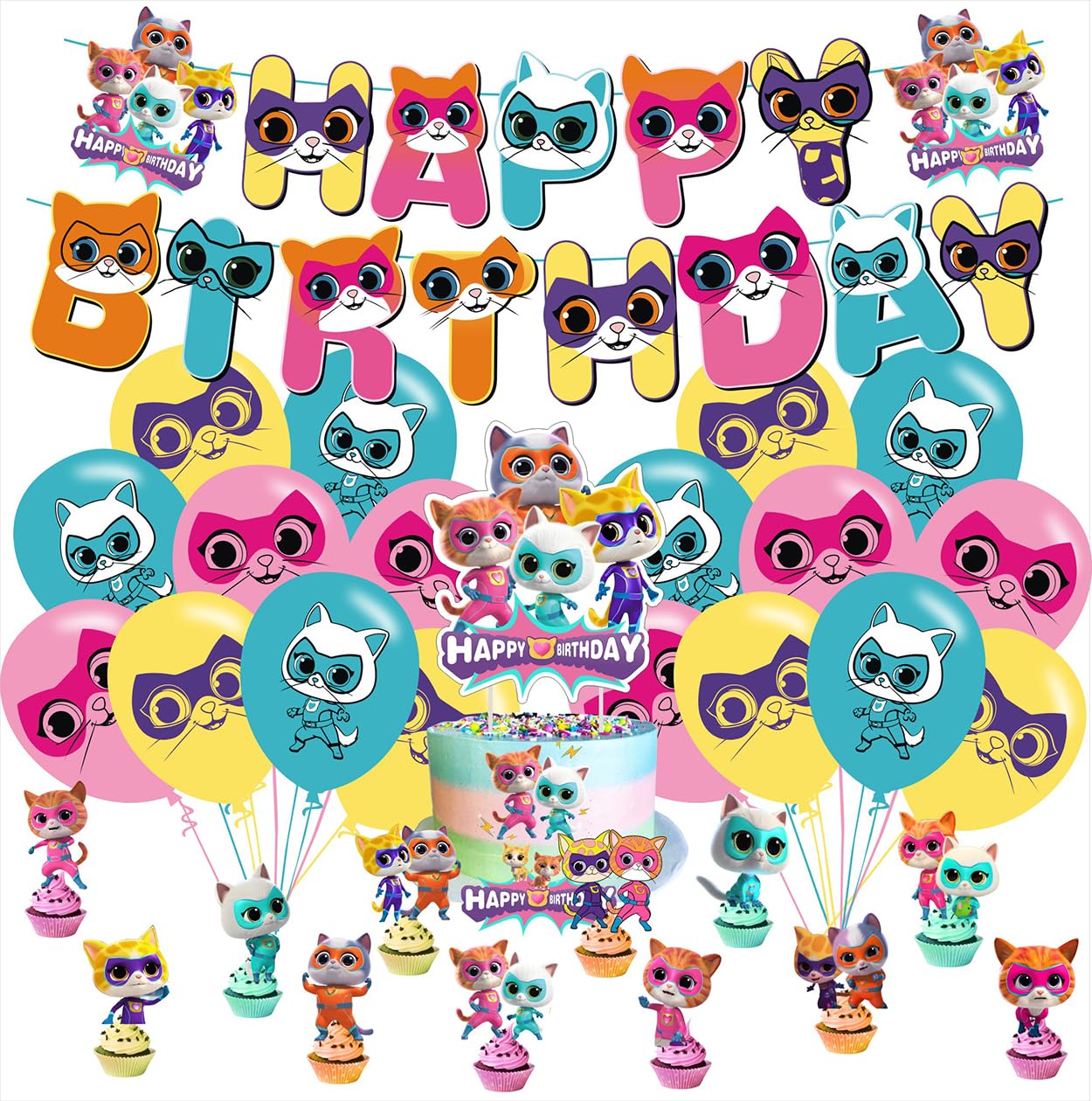 Super Cats Birthday Decorations, Super Cats Party Supplies Include Happy Birthday Banner, Cake Topper and Cupcake Toppers, Balloons for Kids Party