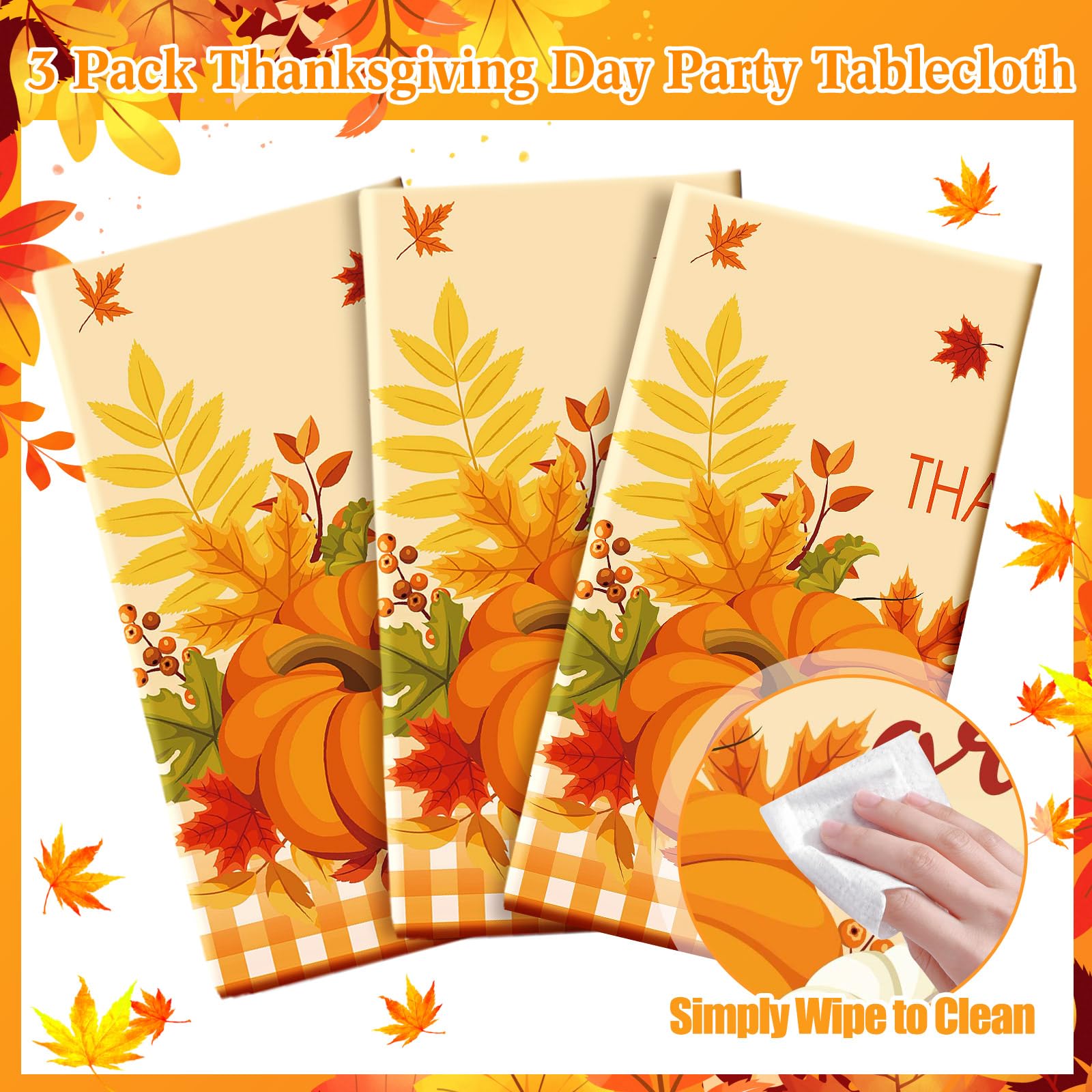 Newwiee 3 Pack Thanksgiving Tablecloth Fall Disposable Plastic Tablecloth 54" x 108" Thanksgiving Friends Giving Decorations, Harvest Party Decor