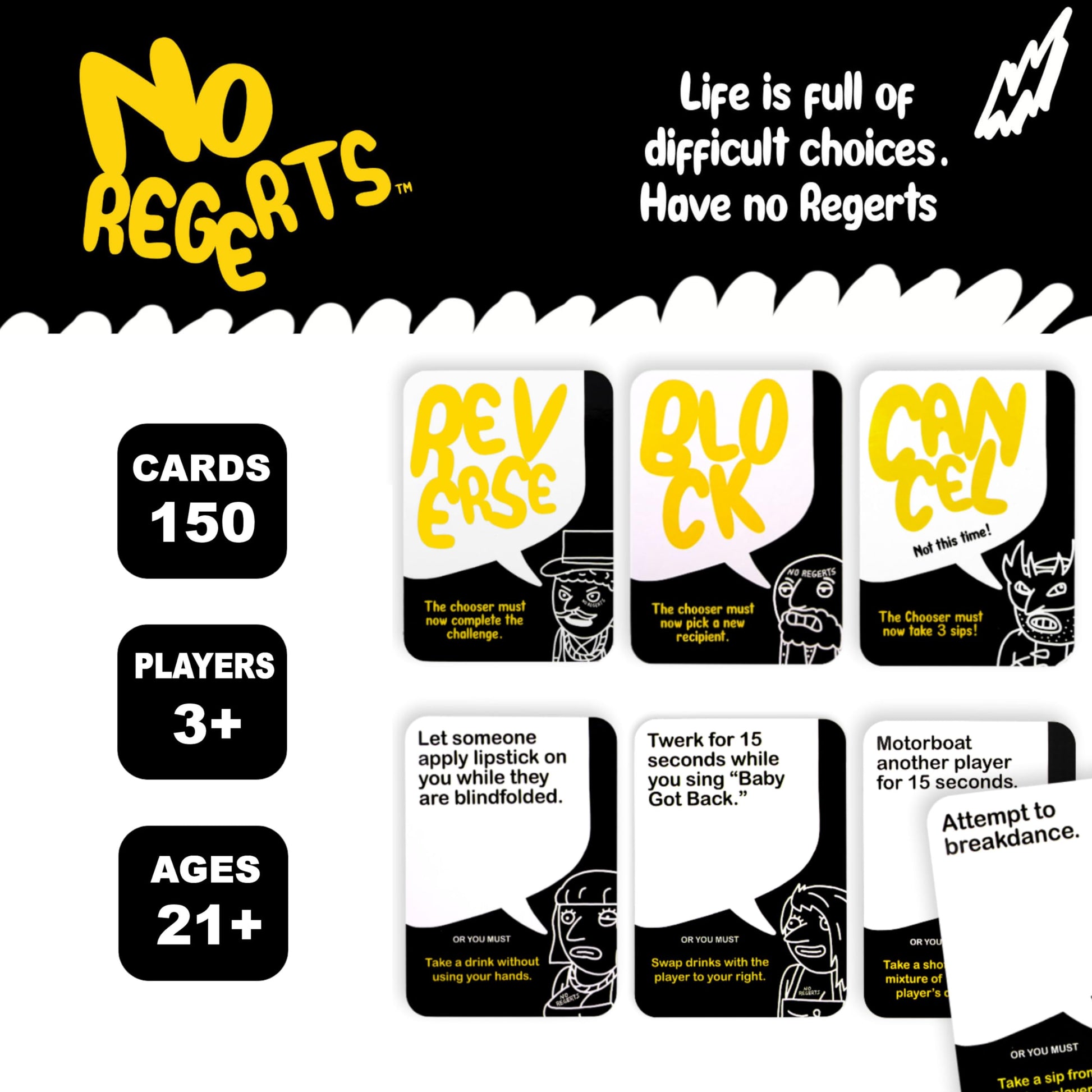 Mojo Games, No Regerts - A Game of Dares, Drinks and No Regerts. Adult Card Game for Game Night, Drinking Game, Party Game