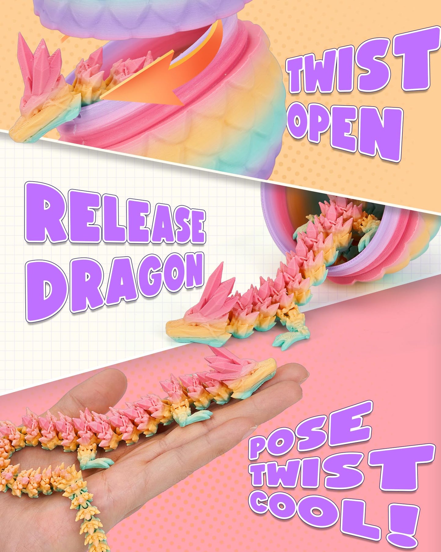 TBOLINE 12" 3D Printed Dragon Egg, Cool 3D Printer Articulated Crystal Dragon Toys for Kids, Surprise Animals Figurines Fidget Dinosaur Eggs Toys
