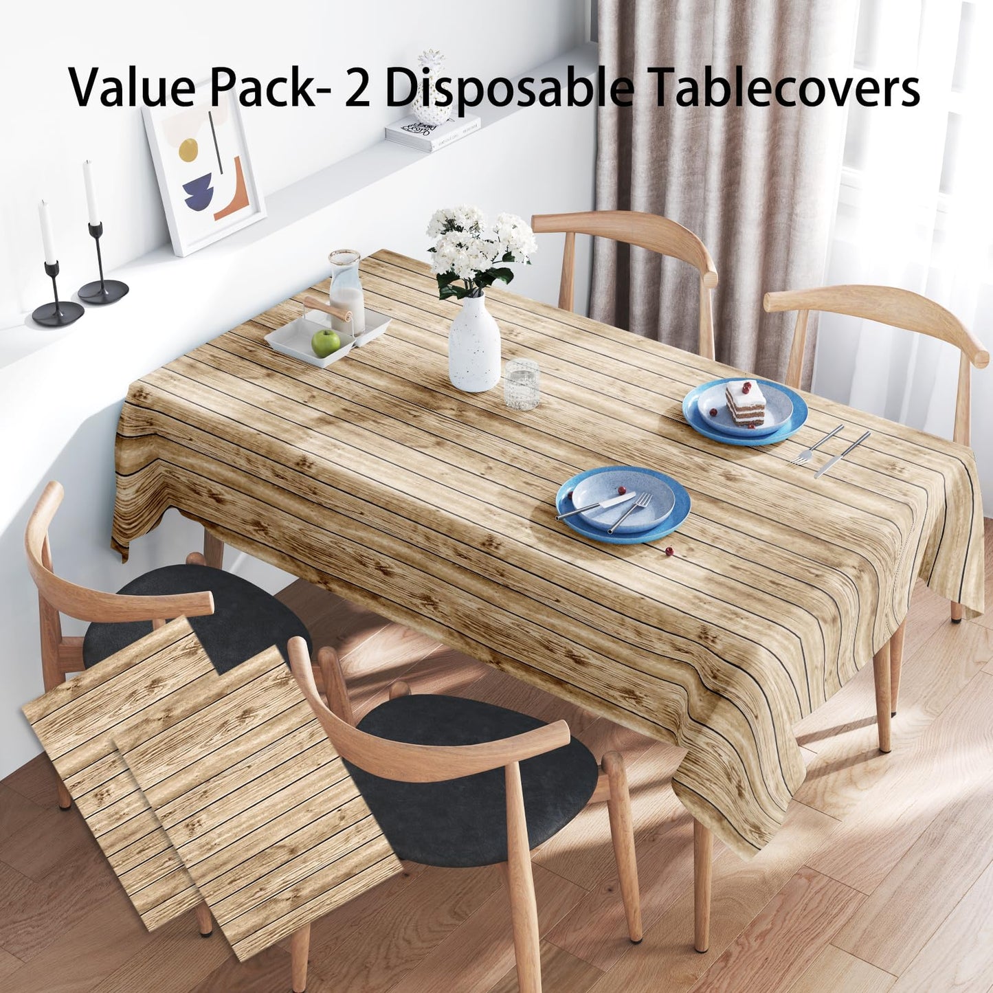 XINDE Wood Grain Plastic Tablecloths, 2PCS Wood Grain Tablecover Wood Print Tablecloth Brown Vintage Party Table Covers for Kitchen Dining Room