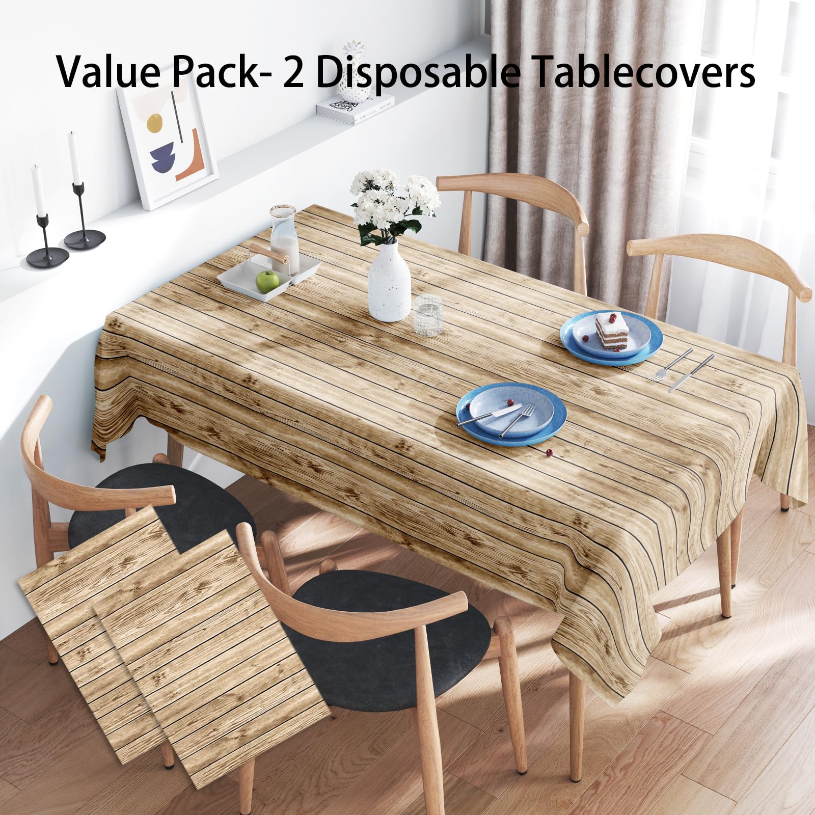 XINDE Wood Grain Plastic Tablecloths, 2PCS Wood Grain Tablecover Wood Print Tablecloth Brown Vintage Party Table Covers for Kitchen Dining Room