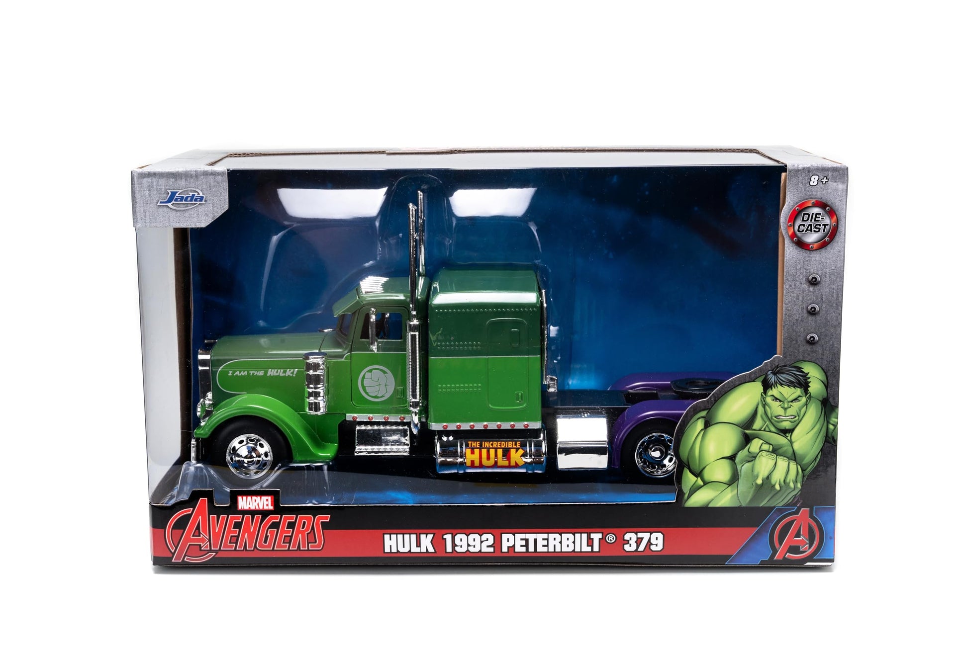 Jada Hollywood Rides 1:24 Scale Die-Cast 1992 Peterbilt 379 Big Rig Box Hulk Edition - Opening Doors, Rubber Tires, Detailed Interior - Marvel