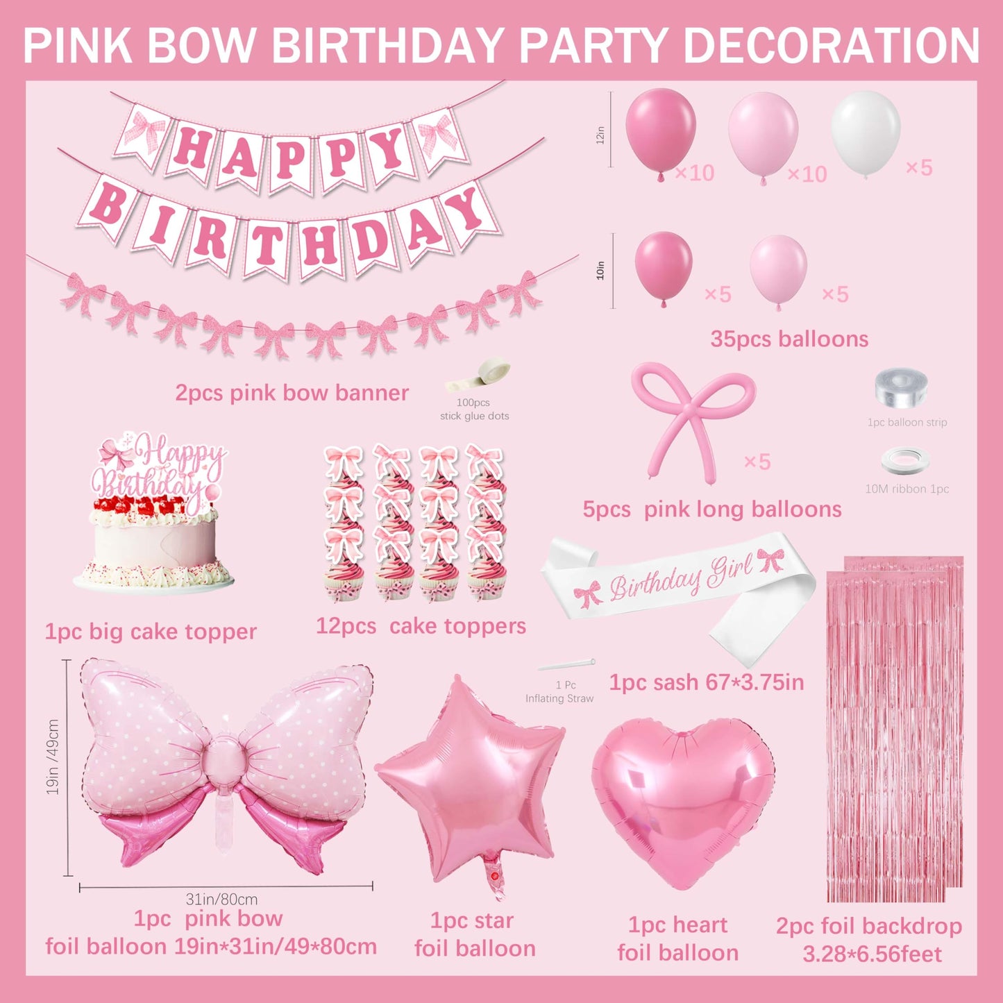Pink Bow Birthday Decorations for Girls Women, Coquette Birthday Decorations, Fringe Curtain, Foil Balloons, Cake Toppers, Bows Theme Party Decor Girl