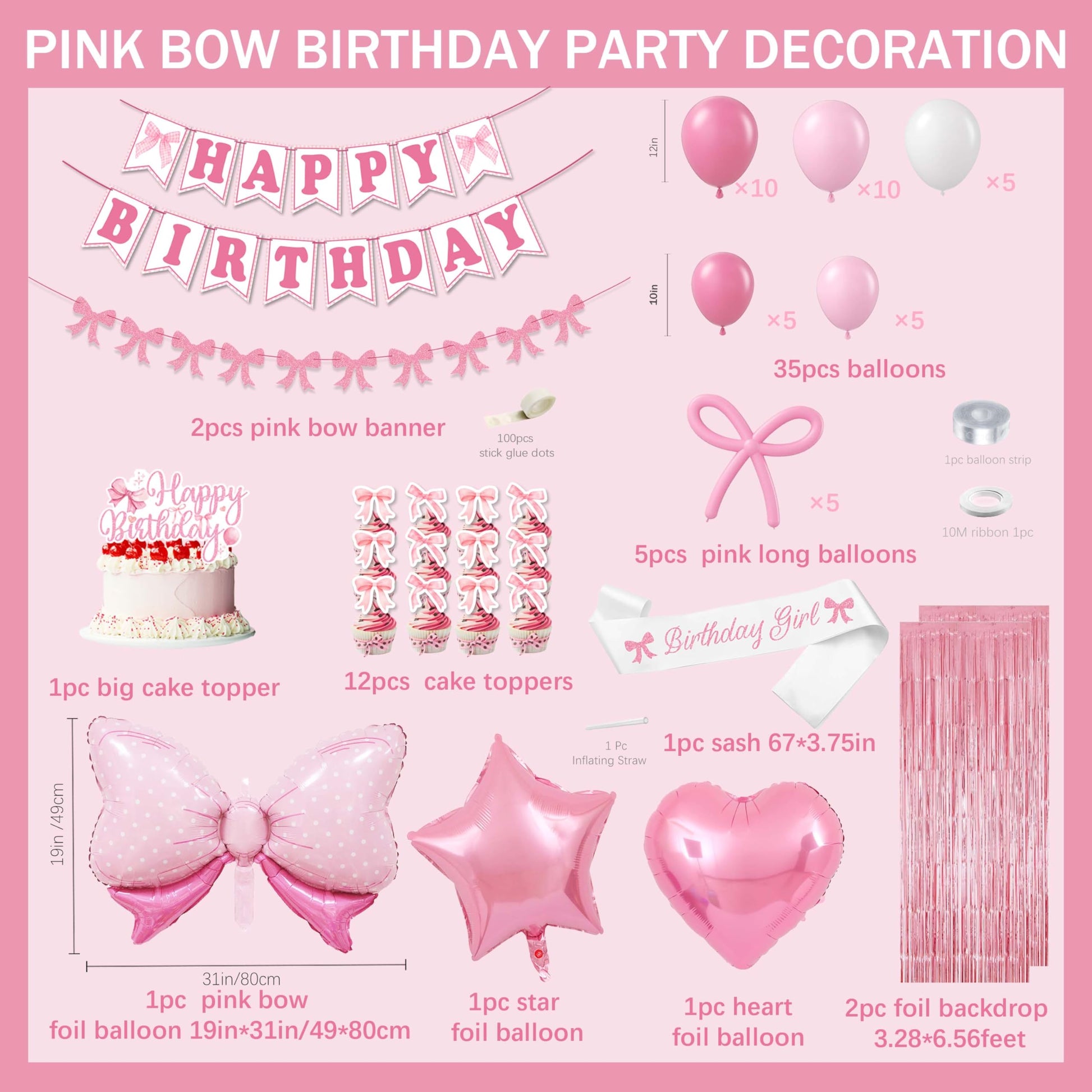 Pink Bow Birthday Decorations for Girls Women, Coquette Birthday Decorations, Fringe Curtain, Foil Balloons, Cake Toppers, Bows Theme Party Decor Girl