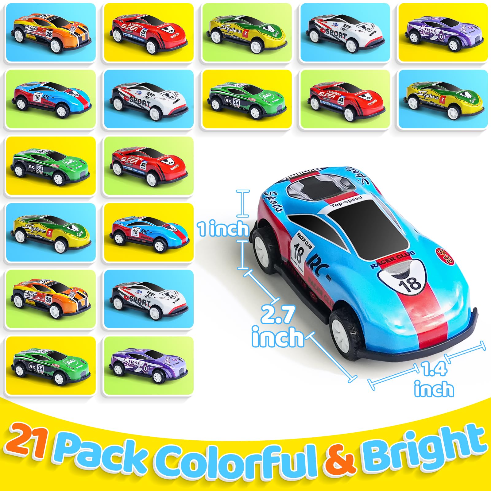 21 Pack Pull Back Toy Cars, Party Favors, Goodie Bag Stuffers, Race Vehicles Bulk, Pinata Fillers, Teacher Treasure Prize Box Toys for Boys Girls