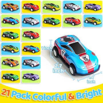 21 Pack Pull Back Toy Cars, Party Favors, Goodie Bag Stuffers, Race Vehicles Bulk, Pinata Fillers, Teacher Treasure Prize Box Toys for Boys Girls