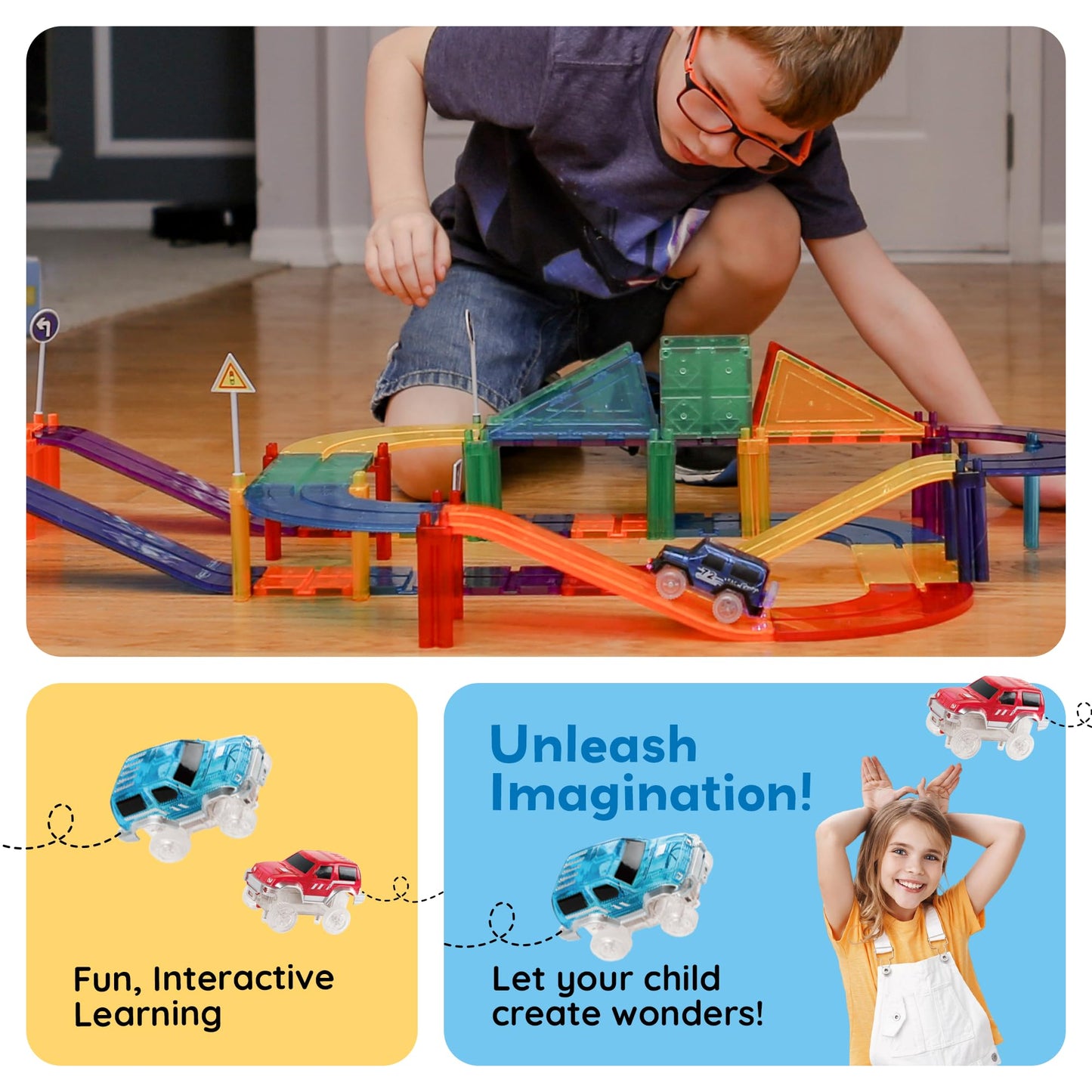 PicassoTiles 30 PCS Magnetic Race Track Toy Set STEM Educational Building