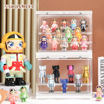 LED Acrylic Display Case for Collectibles, Cordless Power Stacking Showcase with 3-Tier Steps - Clear Dustproof Protector Box with Magnetic Door for