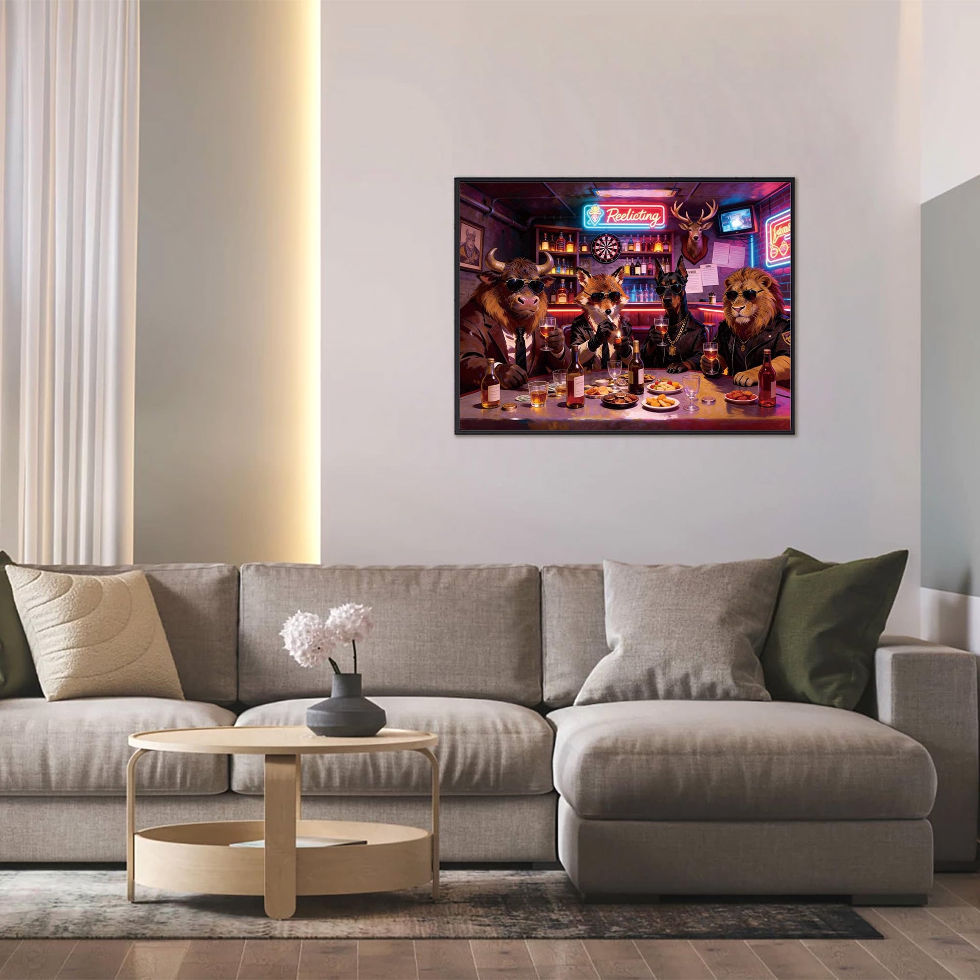 Dryrobatty Jigsaw Puzzles for Adults 1000 Pieces, Neon Bar Animals in Suits Vintage Pop Art Jigsaw with Fox, Lion, Bull & Dog in Shades, 28x20 Inch