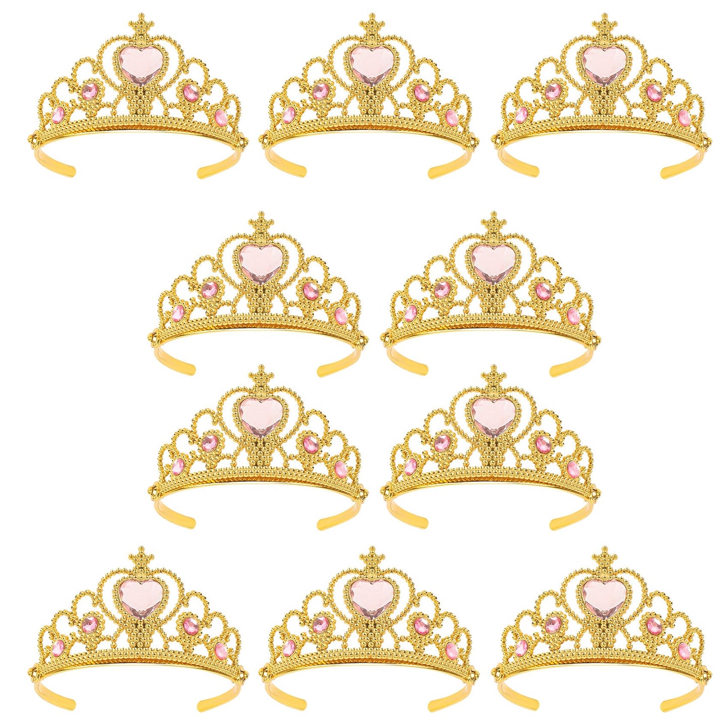 XiangGuanQianYing Princess Dress Up Crowns and Tiaras for Child from 3 Years Up Party Favors Pink Tiara Plastic Gold Tiara(10 Pack) (Heart Pink)