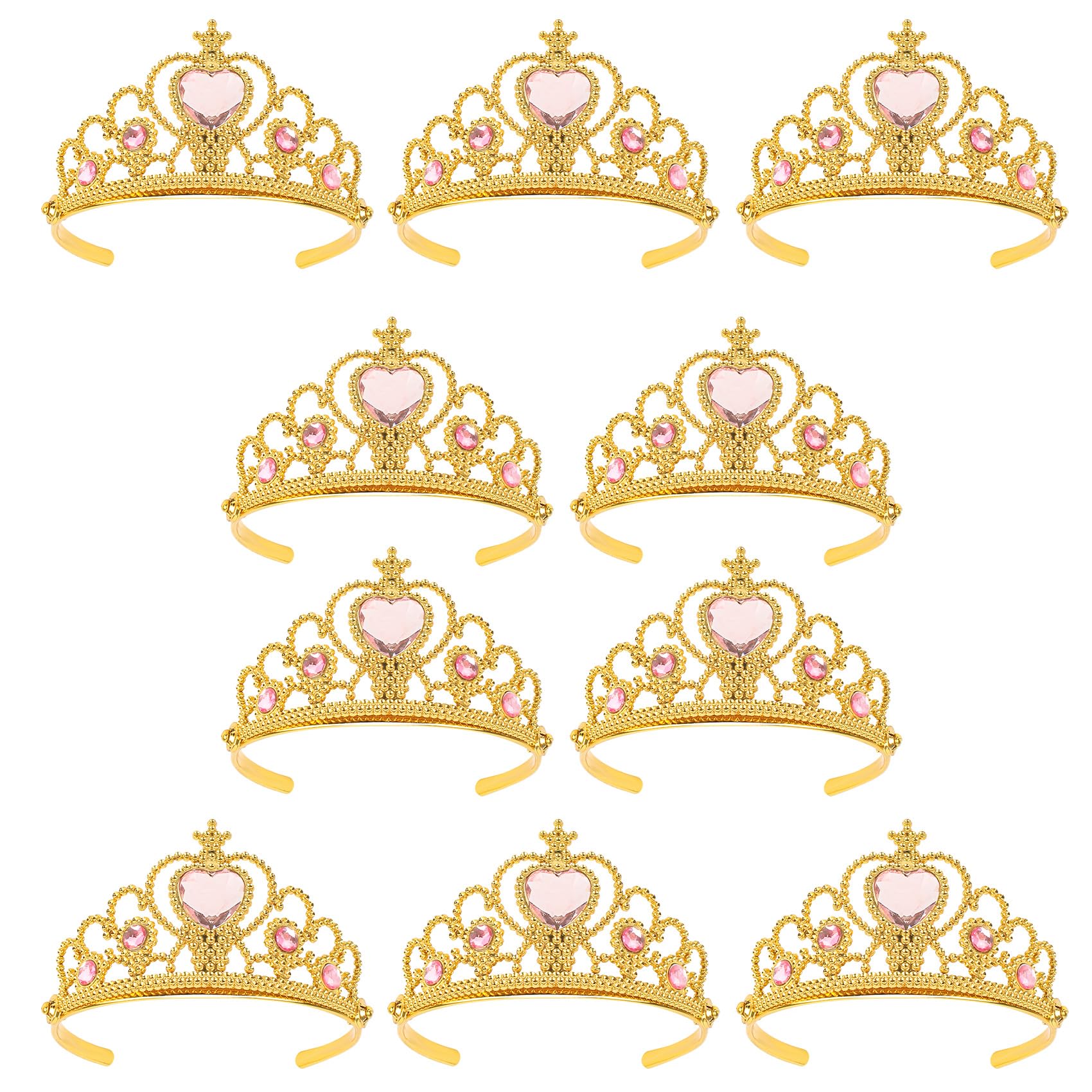 XiangGuanQianYing Princess Dress Up Crowns and Tiaras for Child from 3 Years Up Party Favors Pink Tiara Plastic Gold Tiara(10 Pack) (Heart Pink)