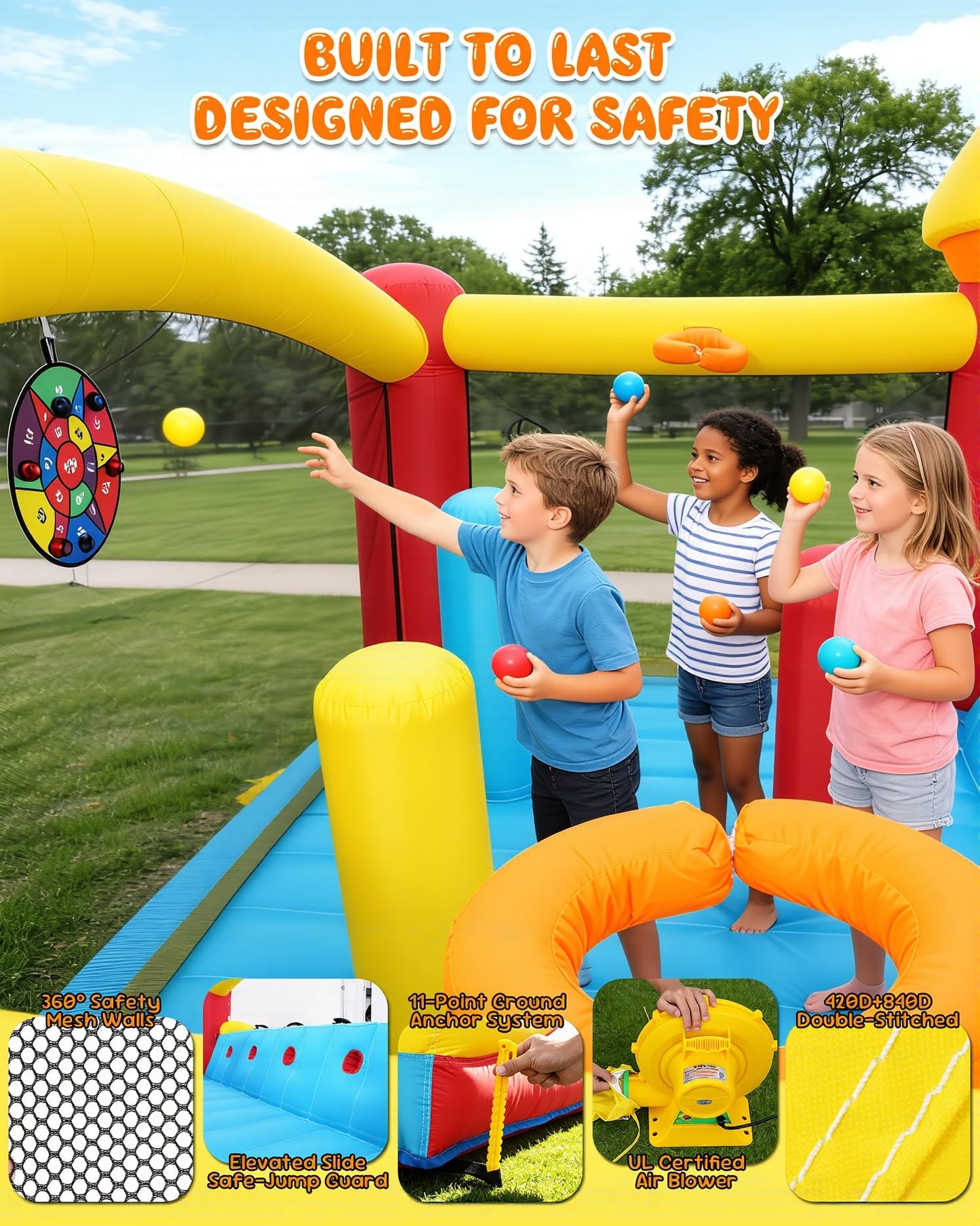 Inflatable Bounce House with Mega Elevated Slide for Big Kids 3-12 Space Rocket Bouncy Castle Play Center with 3 Dodge & Weave Obstacle Course Column