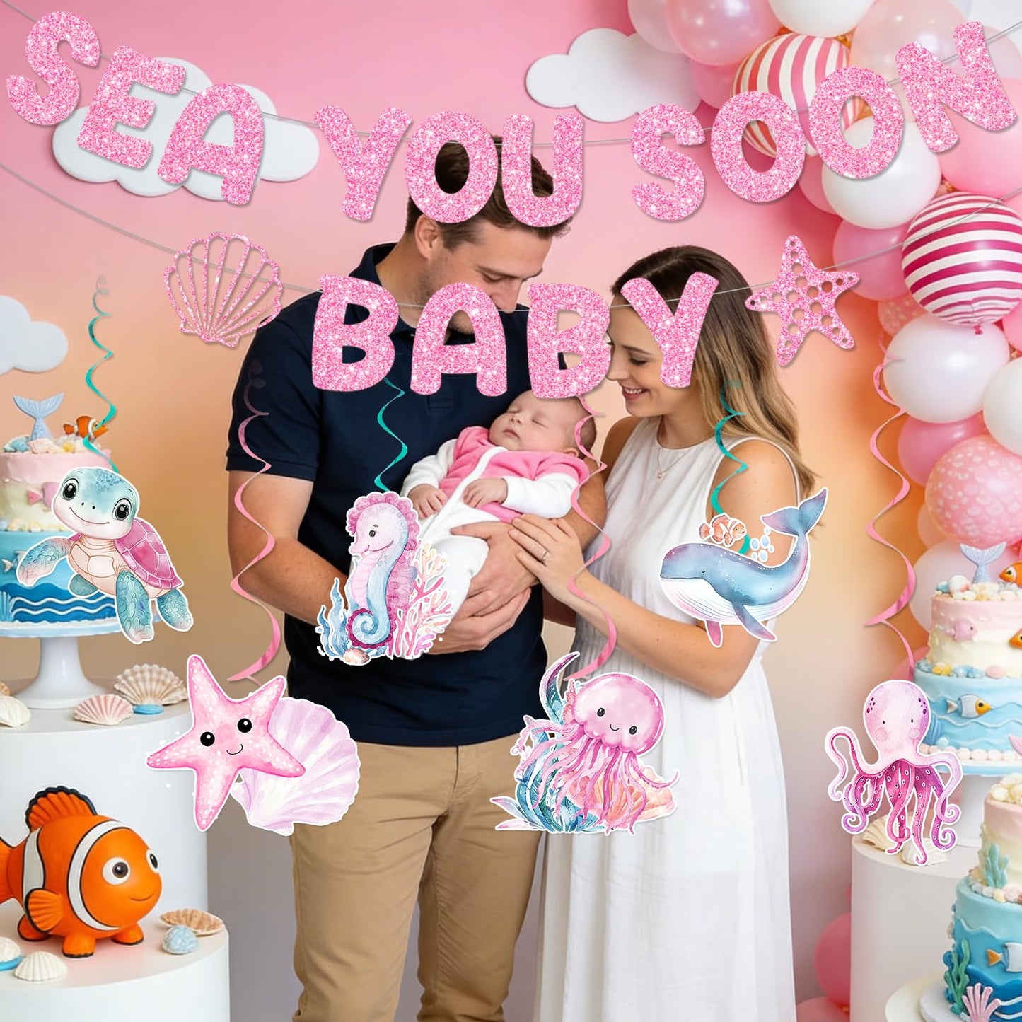 Sea You Soon Baby Shower Decorations: Under The Sea Baby Shower Decorations Ocean Baby Banner Girl Pink