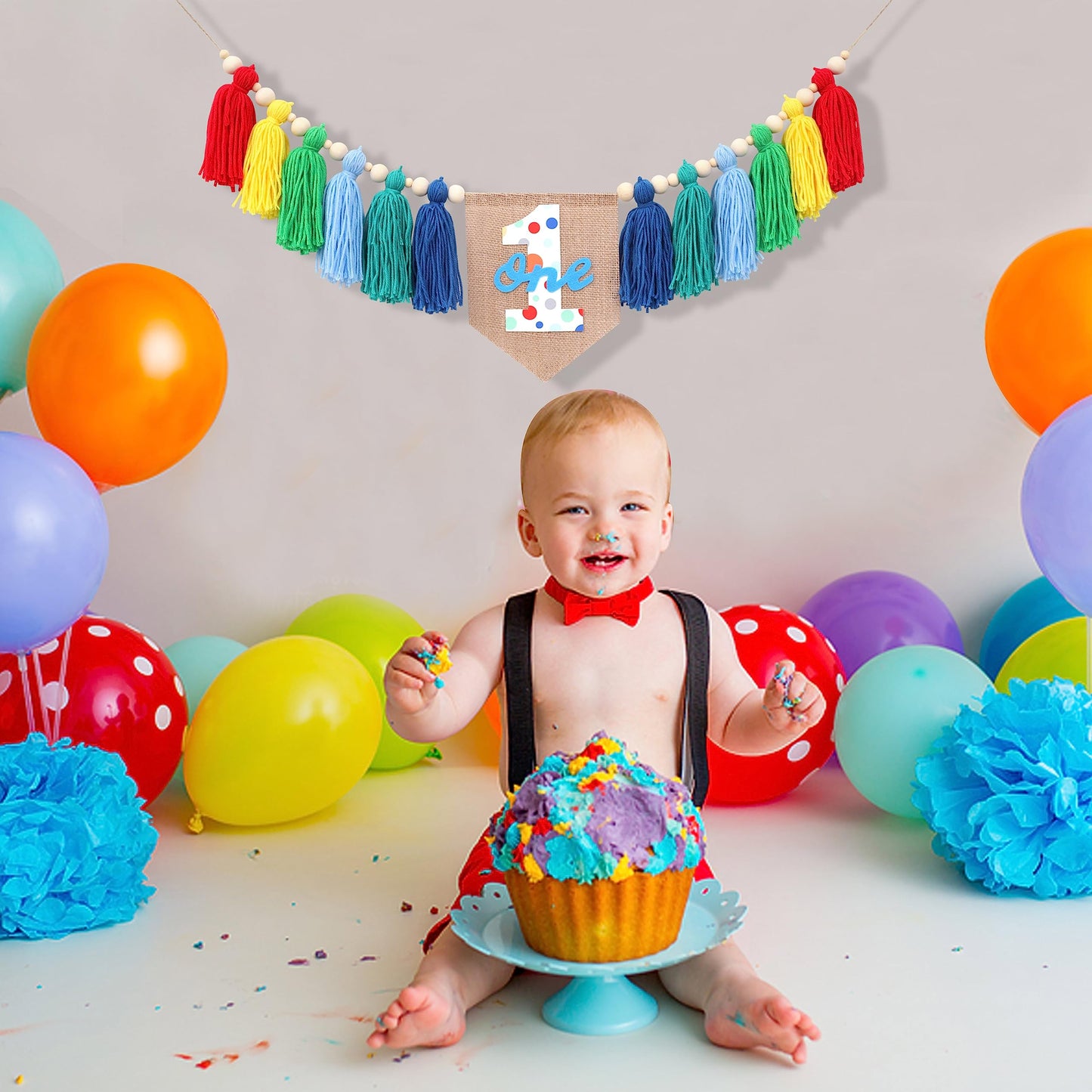 Rainbow 1st High Chair Banner - Colorful Tassel Highchair Banner, 1st Birthday Boy, Cake Smash Backdrop, Birthday Highchair Yarn Tassel Banner