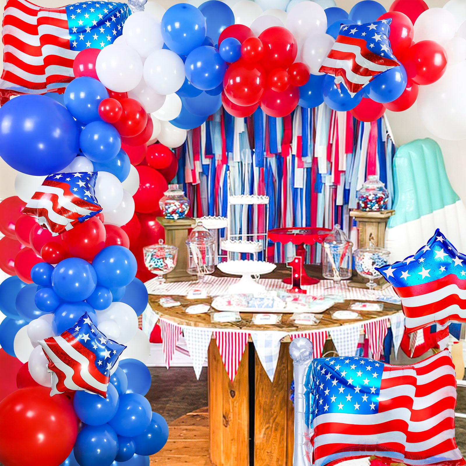 138 PCS 4th of July Balloon Arch Decorations, Red White and Blue Balloon Garland with Patriotic Foil Balloons for 4th of July Decorations Independence