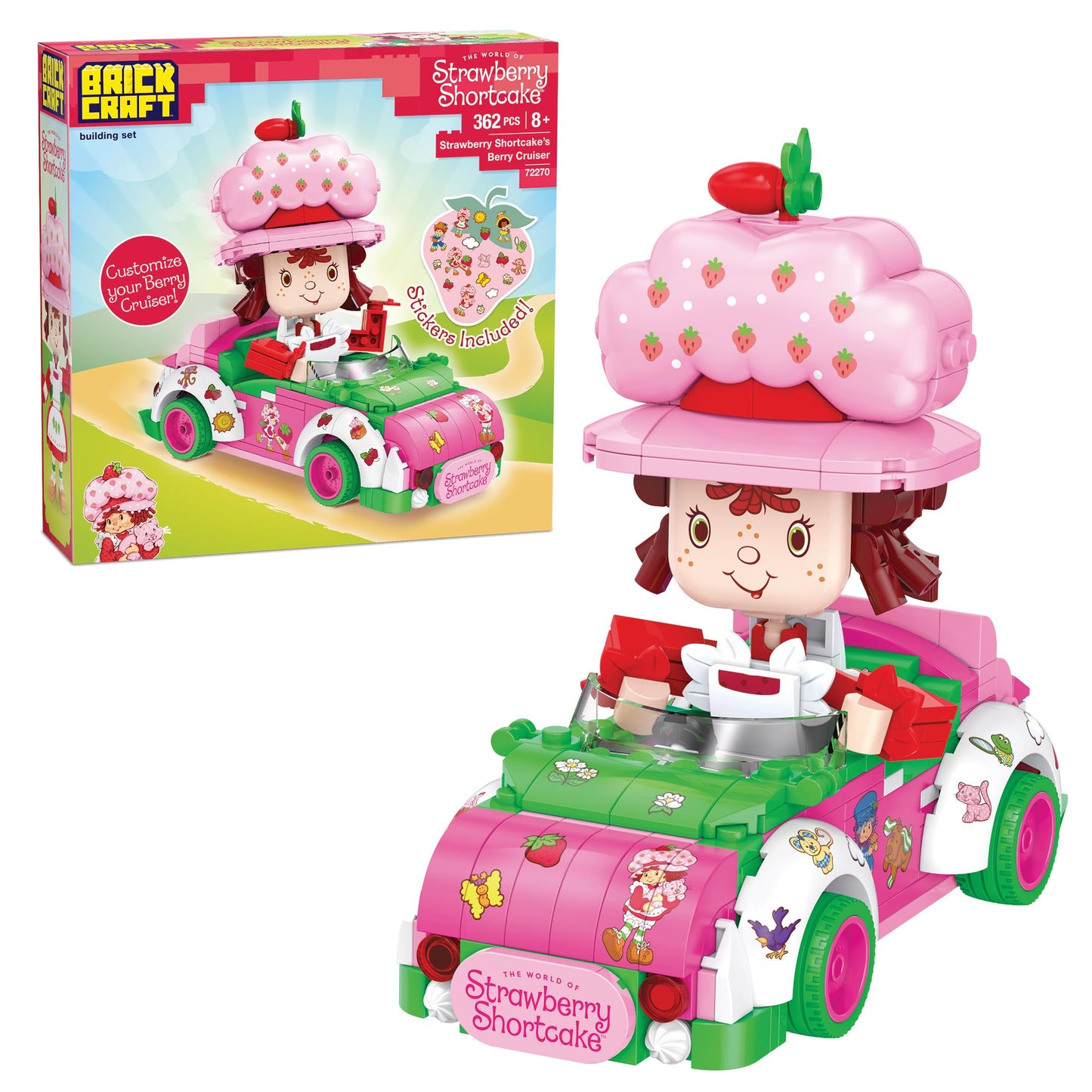 Brickcraft Strawberry Shortcake Berry Cruiser Christmas Building Kit, Festive 362-Piece Buildable Figure & Car Block Set, Classic Cartoon Collectible