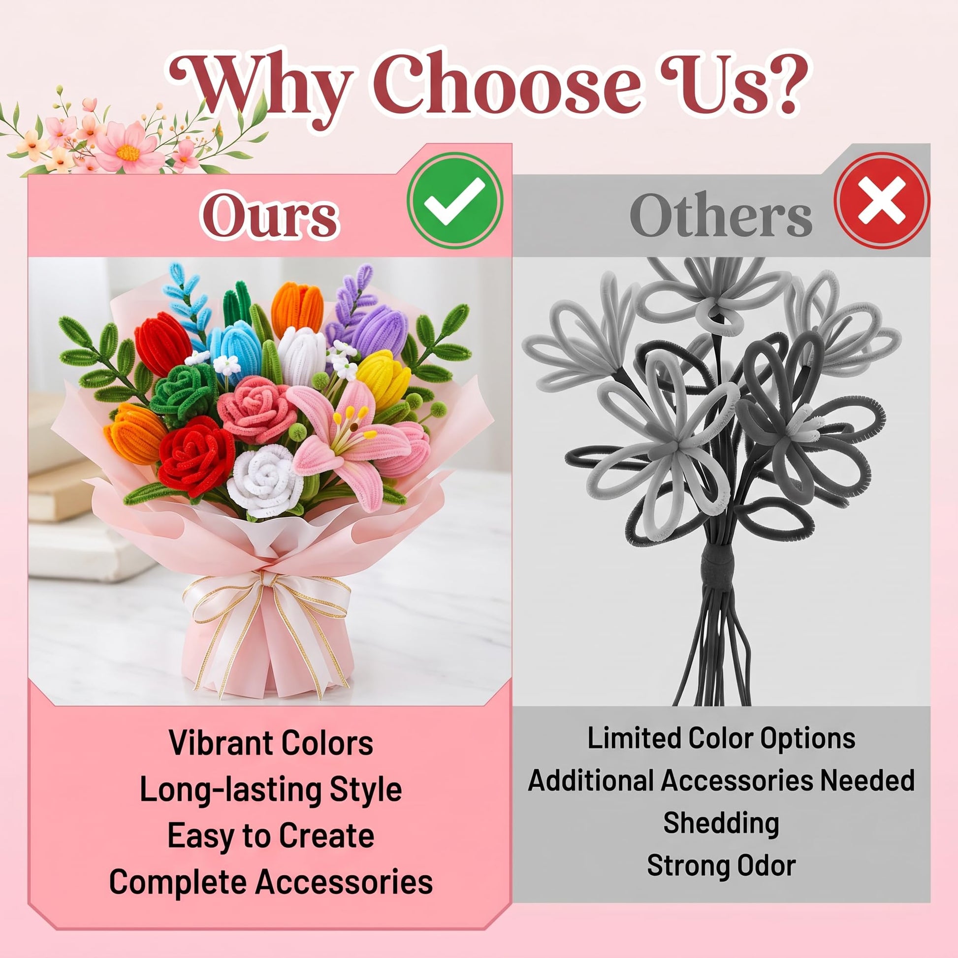 800 PCS Pipe Cleaners Flower Kit - 8 Colors Thickened Chenile Stems Craft Kit with Stems, Tape, Stamens, Manual, Greeting Card, Beauty DIY Flowers