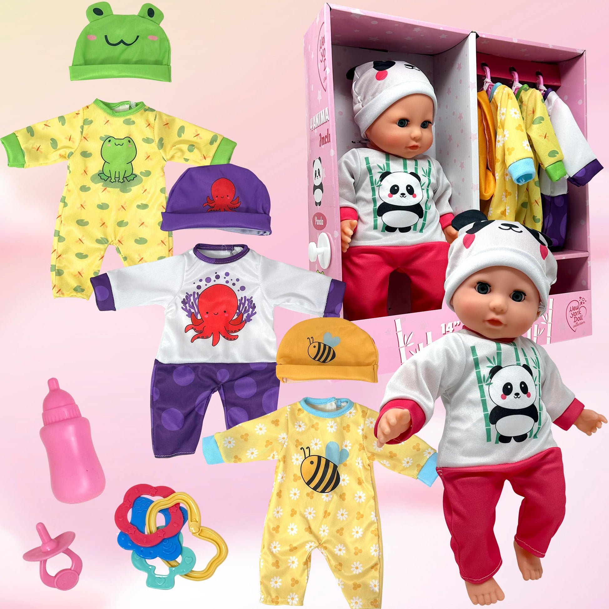 Soft Body Baby Doll with Accessories & 4 Sets of Animal Outfits, Realistic Baby Doll with Clothes & Toys, 14 Inch Doll Play Set Wardrobe Closet, Baby