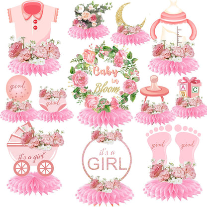 Vifoulal 12 Pcs Baby Shower Honeycomb Centerpieces for Girl, Floral Party Table Honeycomb Decorations, for Newborn Baby Photo Props, Tables Toppers