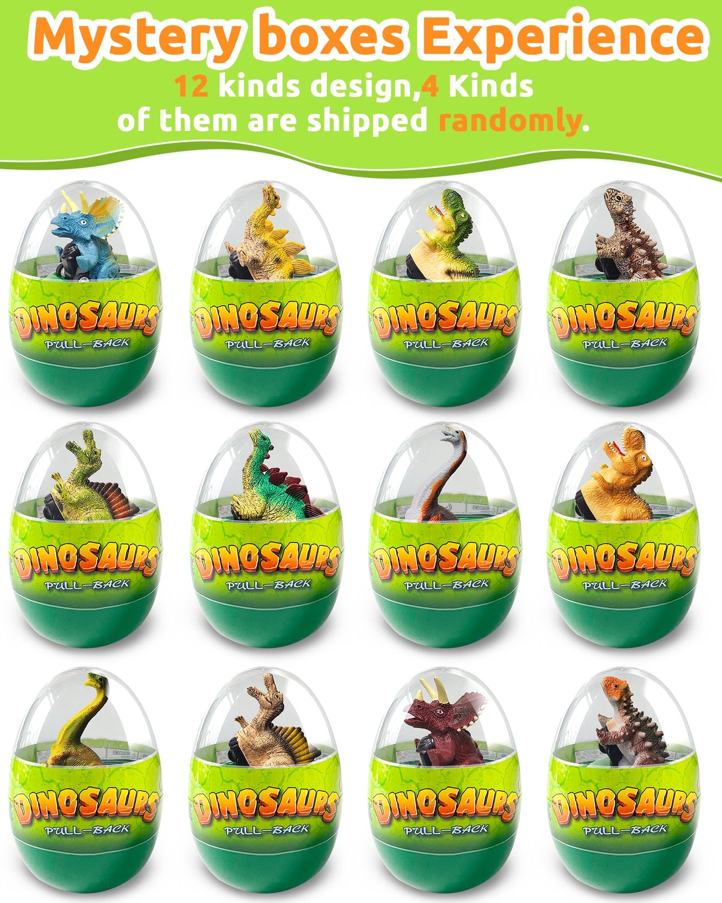 Greingways 4 Pack Dinosaur Pull Back Cars Prefilled Plastic Easter Eggs with Toys Inside Filled, Toddler Easter Basket Stuffers Egg Fillers Montessori