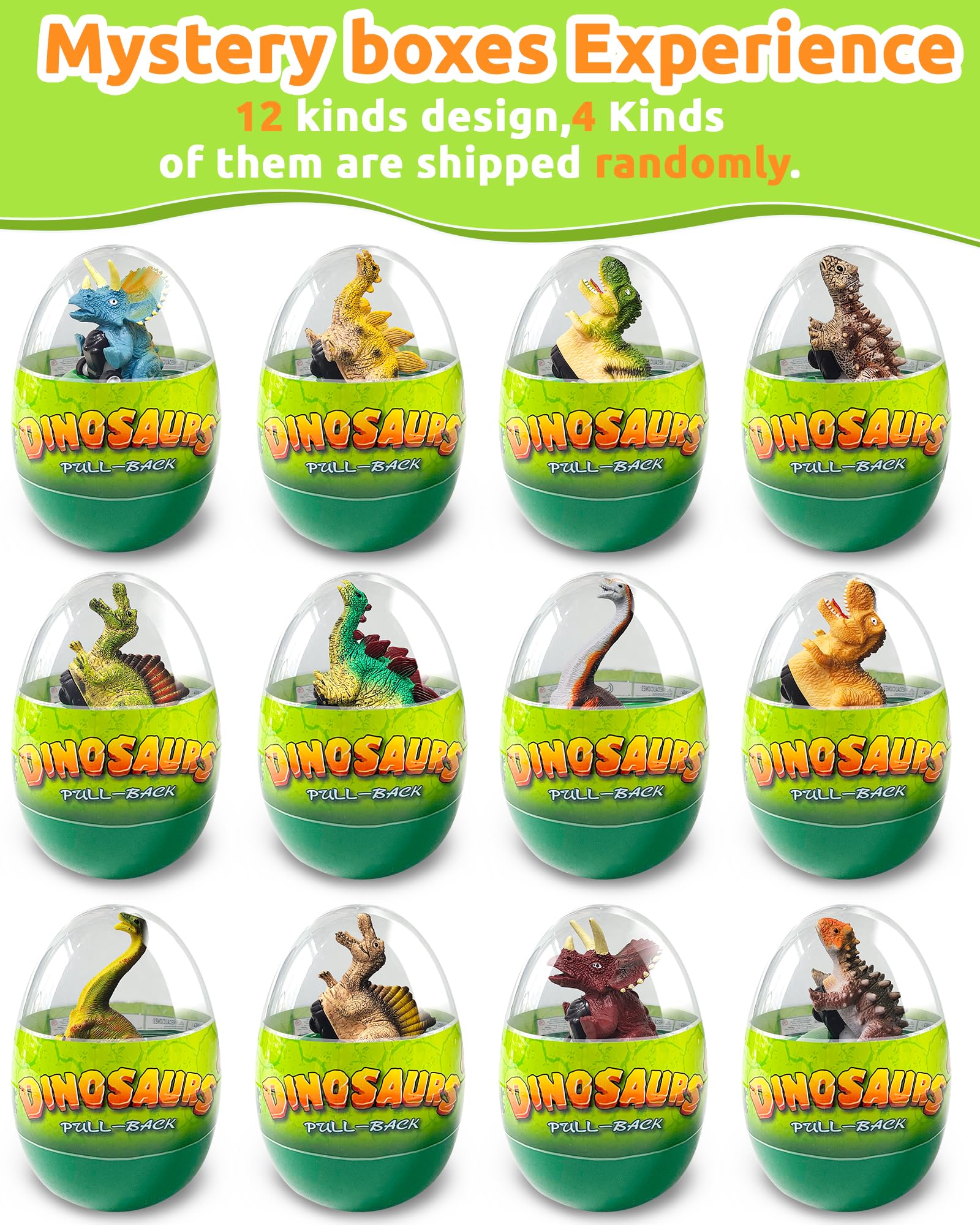 Greingways 4 Pack Dinosaur Pull Back Cars Prefilled Plastic Easter Eggs with Toys Inside Filled, Toddler Easter Basket Stuffers Egg Fillers Montessori