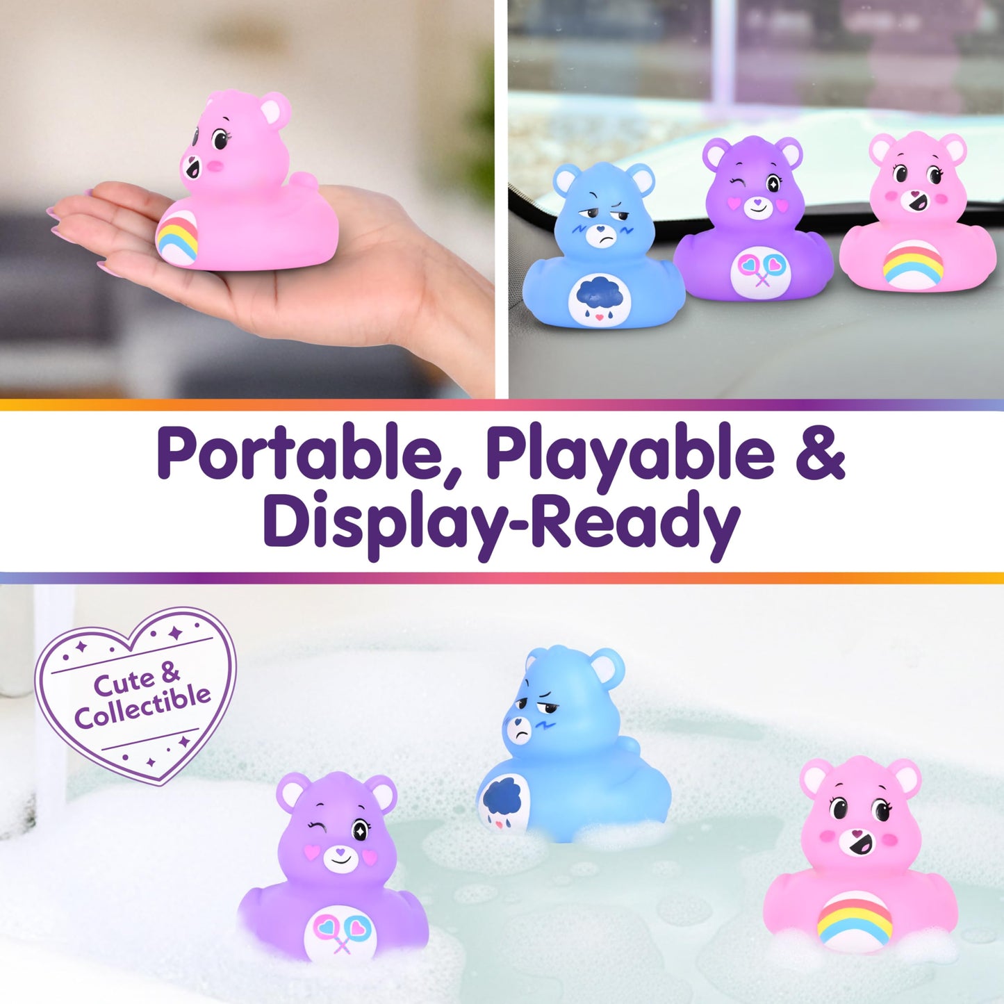 Care Bears Rubber Ducks - Collectible Character Toys for Bath, Gifting, and Car Dashboards - Cheer Bear, Grumpy Bear & Share Bear - 3 Pack