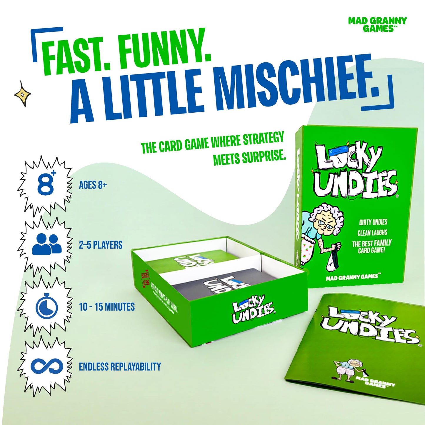 Lucky Undies Hilarious Family Card Game for Kids, Teens & Adults | Fast-Paced Party Game for 2-5 Players, Ages 8+ | Quick 10-15 Minute Game Night by