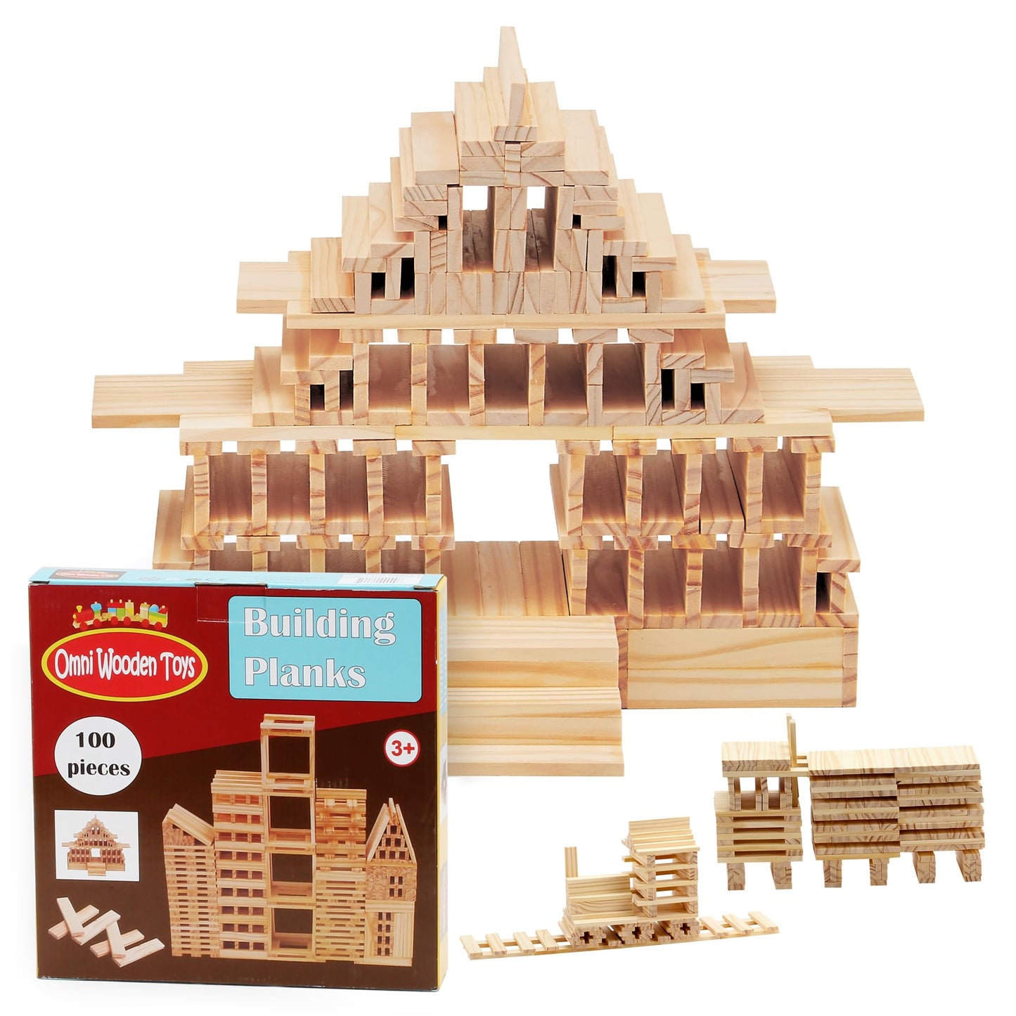 OWT Wooden Building Planks for Kids | 100 Piece STEM Construction Blocks Set for Creative Play | Educational Wood Building Toys for Boys and Girls