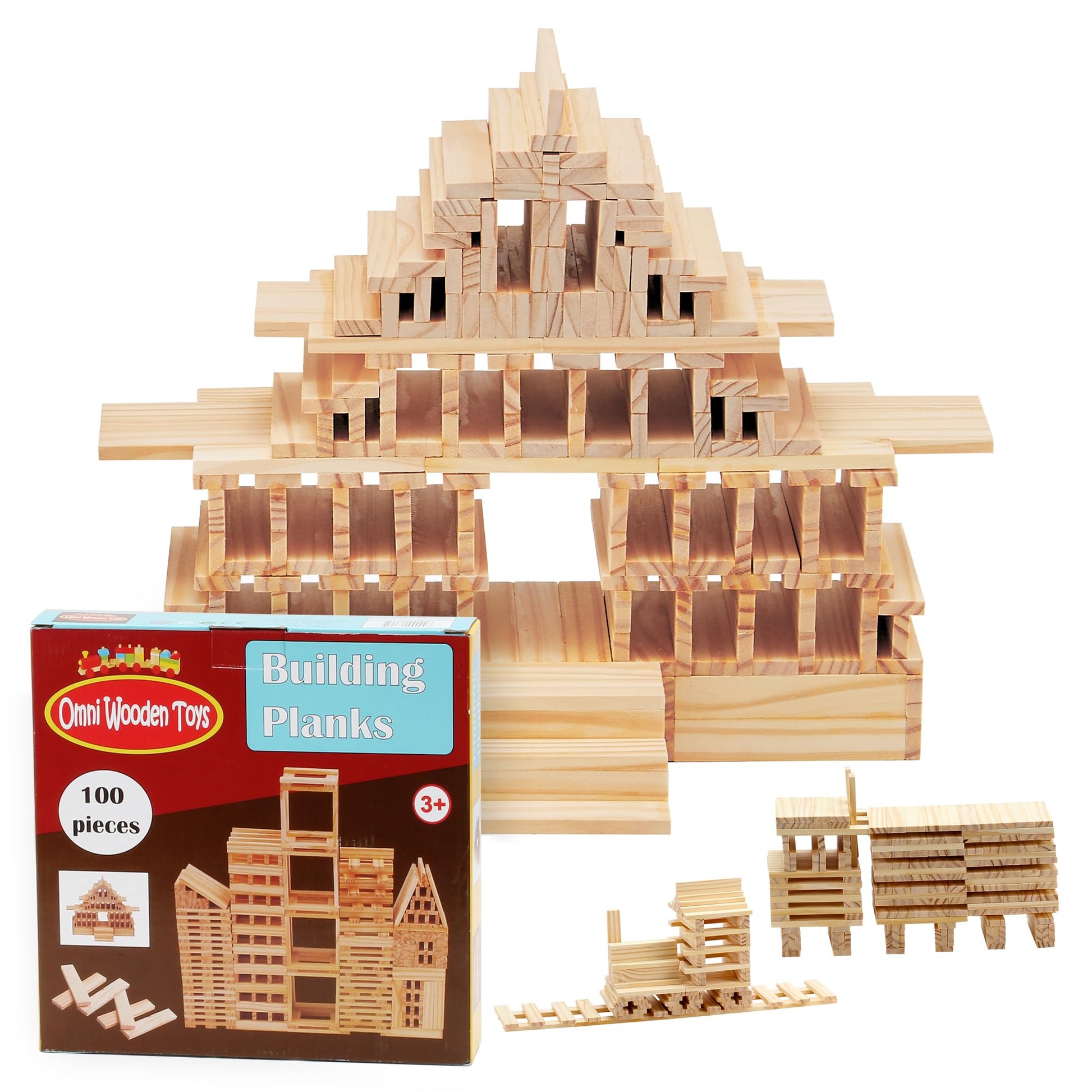 OWT Wooden Building Planks for Kids | 100 Piece STEM Construction Blocks Set for Creative Play | Educational Wood Building Toys for Boys and Girls